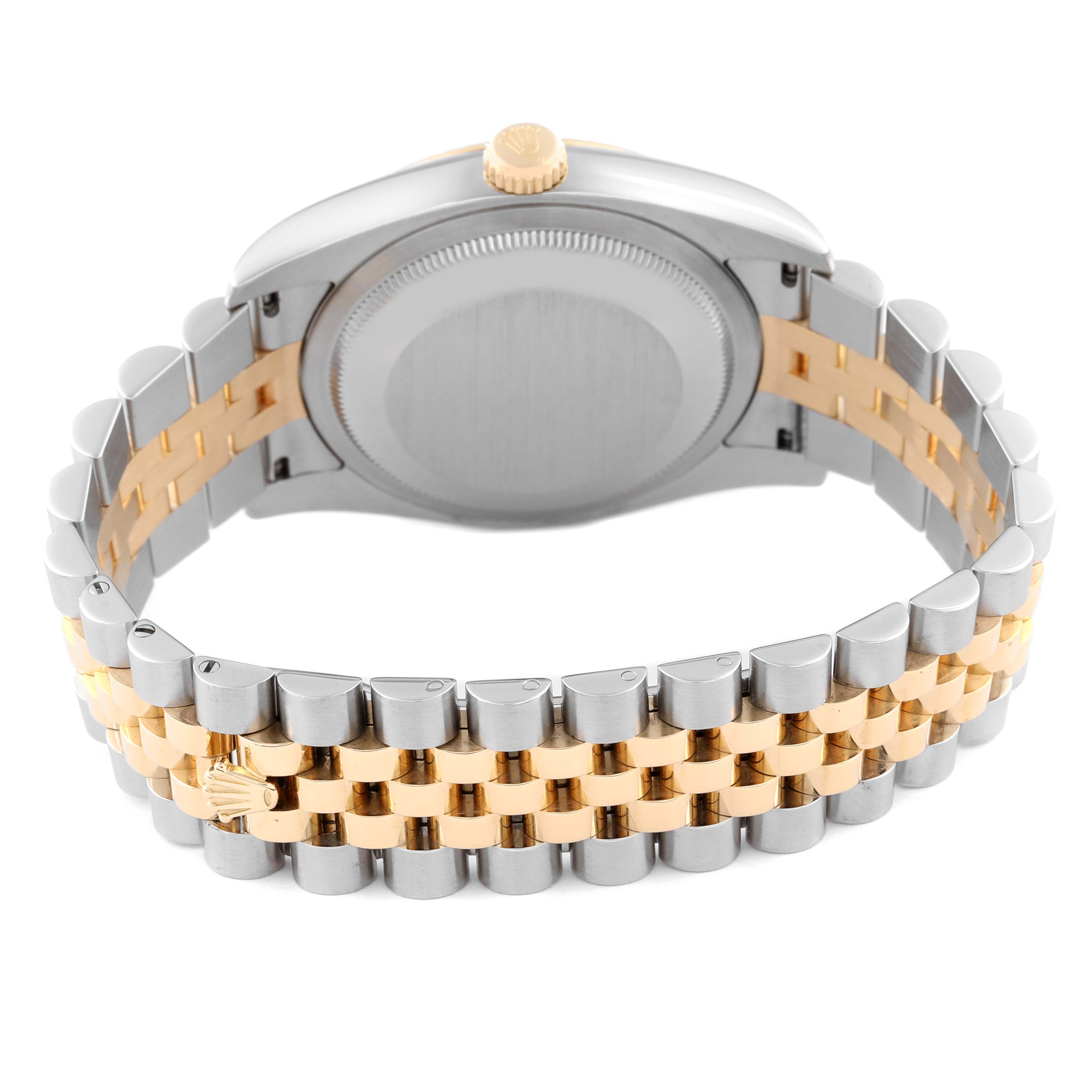 The image shows the case back and bracelet of a Rolex Datejust 116233 Men's Steel and Gold (two tone) Champagne Dial 116233 Men's Steel and Gold (two tone) Champagne Dial, viewed from the rear.