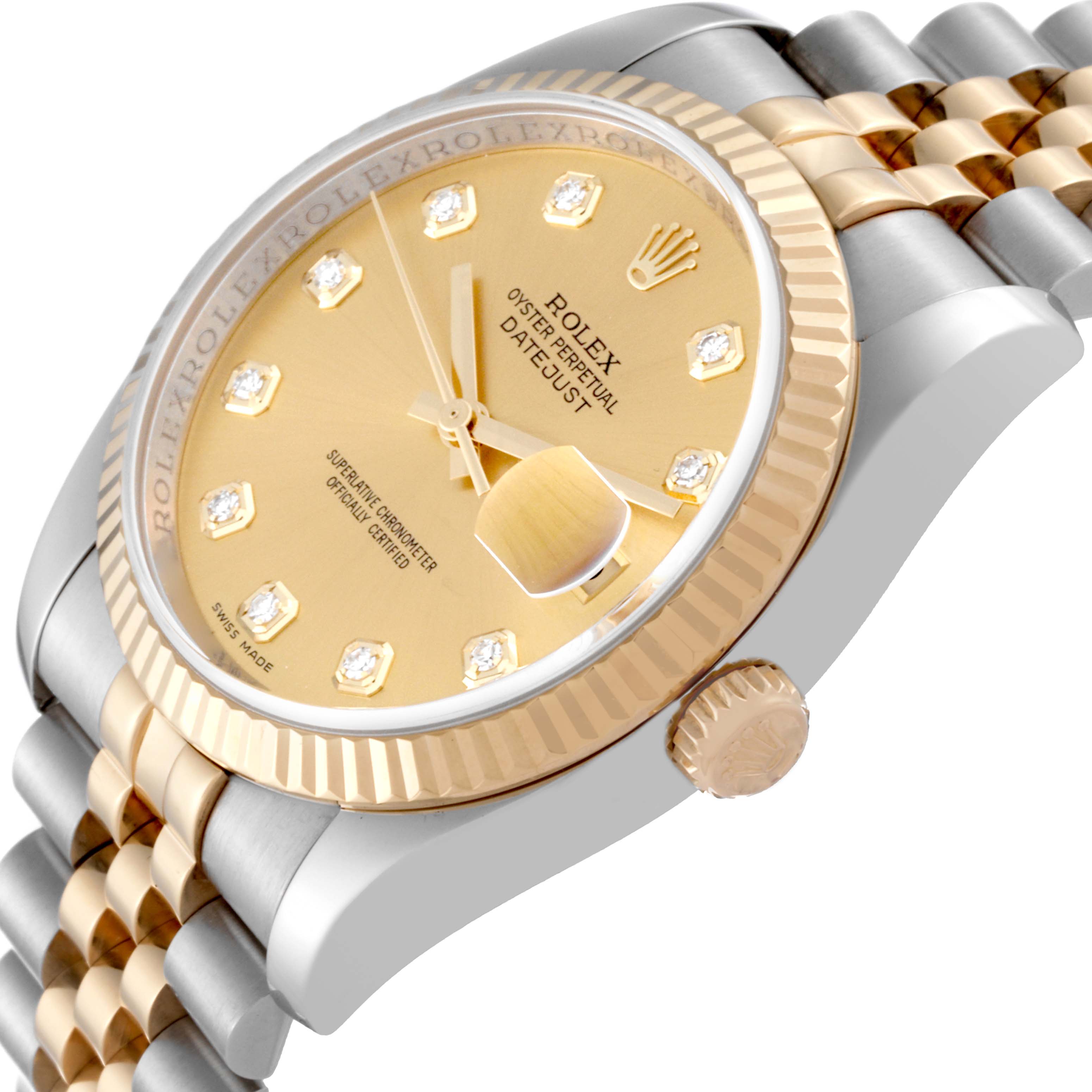The Rolex Datejust 116233 Men's Steel and Gold (two tone) Champagne Dial 116233 Men's Steel and Gold (two tone) Champagne Dial watch is shown at a side angle, highlighting the face, bezel, crown, and part of the bracelet.