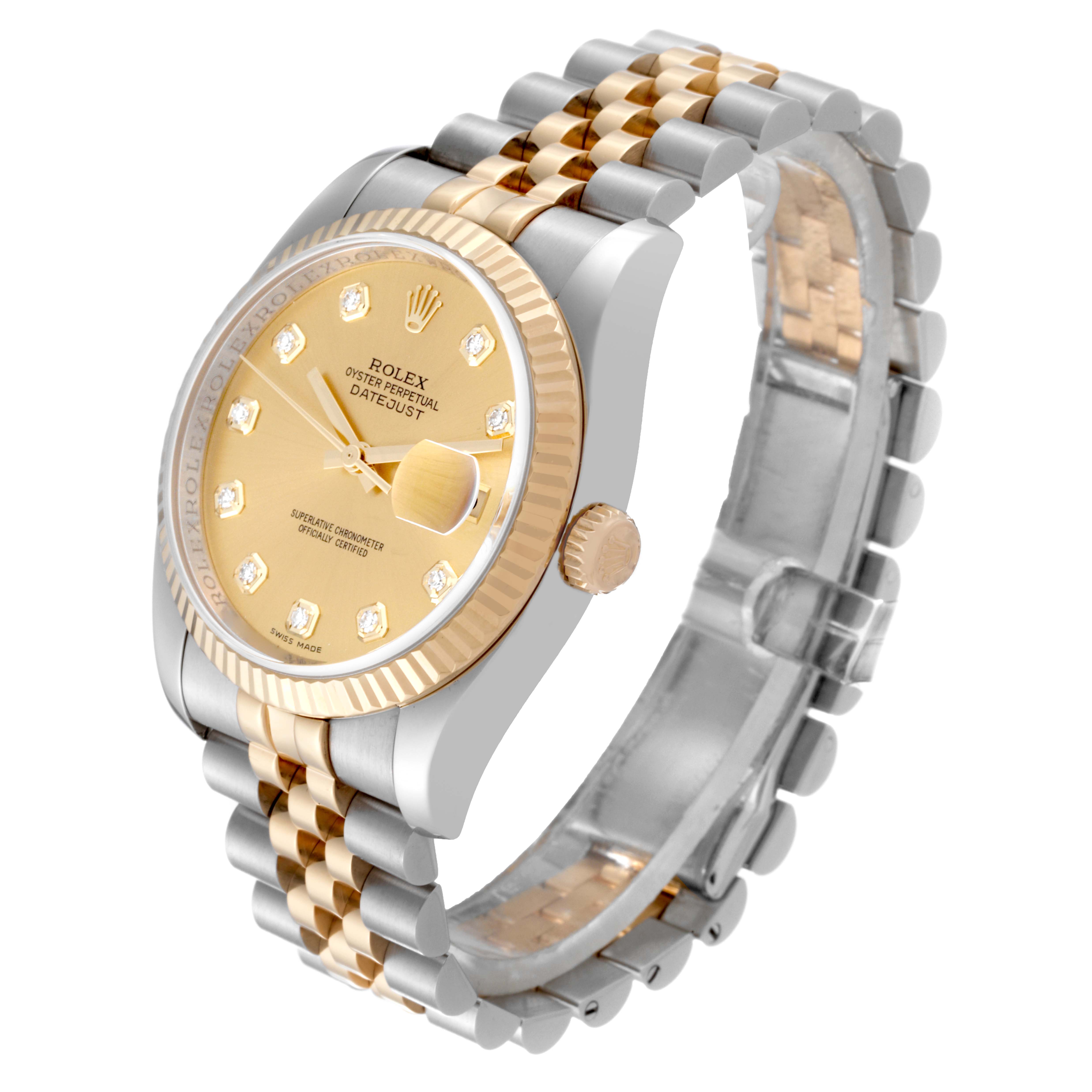 The Rolex Datejust 116233 Men's Steel and Gold (two tone) Champagne Dial 116233 Men's Steel and Gold (two tone) Champagne Dial watch is shown at a three-quarter angle, highlighting the dial, fluted bezel, and Jubilee bracelet.