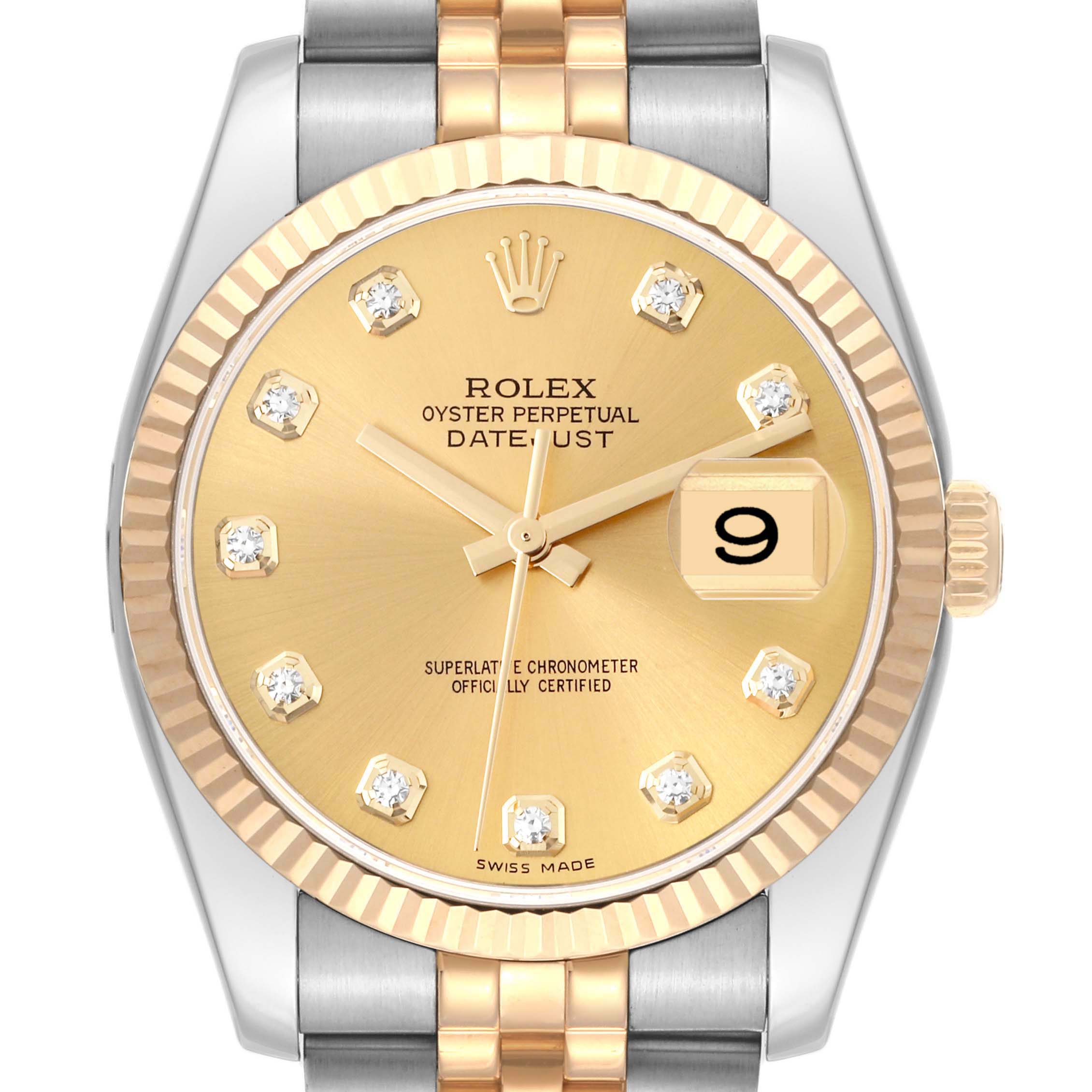 The image shows a frontal view of the Rolex Datejust 116233 Men's Steel and Gold (two tone) Champagne Dial 116233 Men's Steel and Gold (two tone) Champagne Dial watch, highlighting its dial, fluted bezel, and jubilee bracelet.