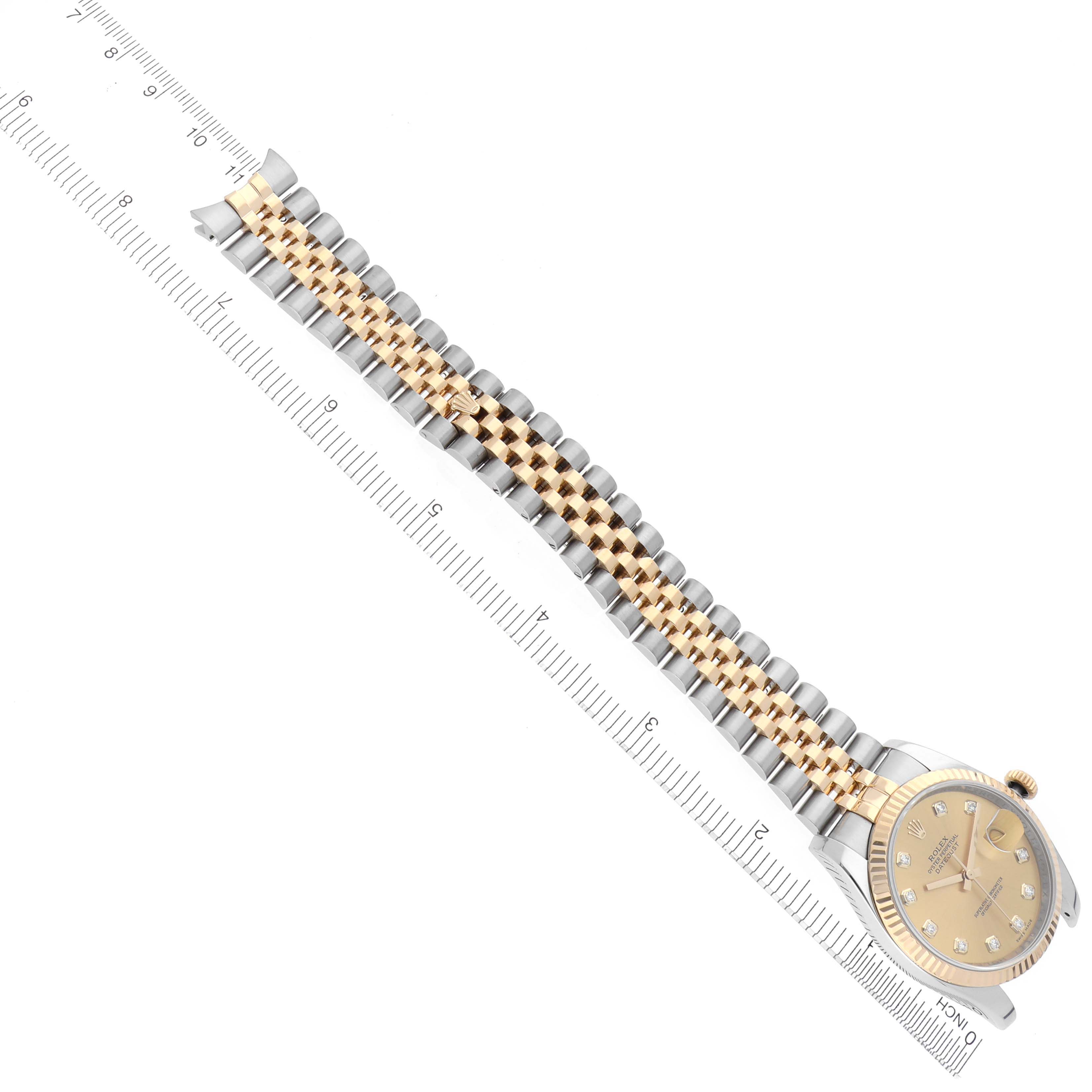 The Rolex Datejust 116233 Men's Steel and Gold (two tone) Champagne Dial 116233 Men's Steel and Gold (two tone) Champagne Dial watch is shown from above, highlighting its bracelet, bezel, and part of the dial.