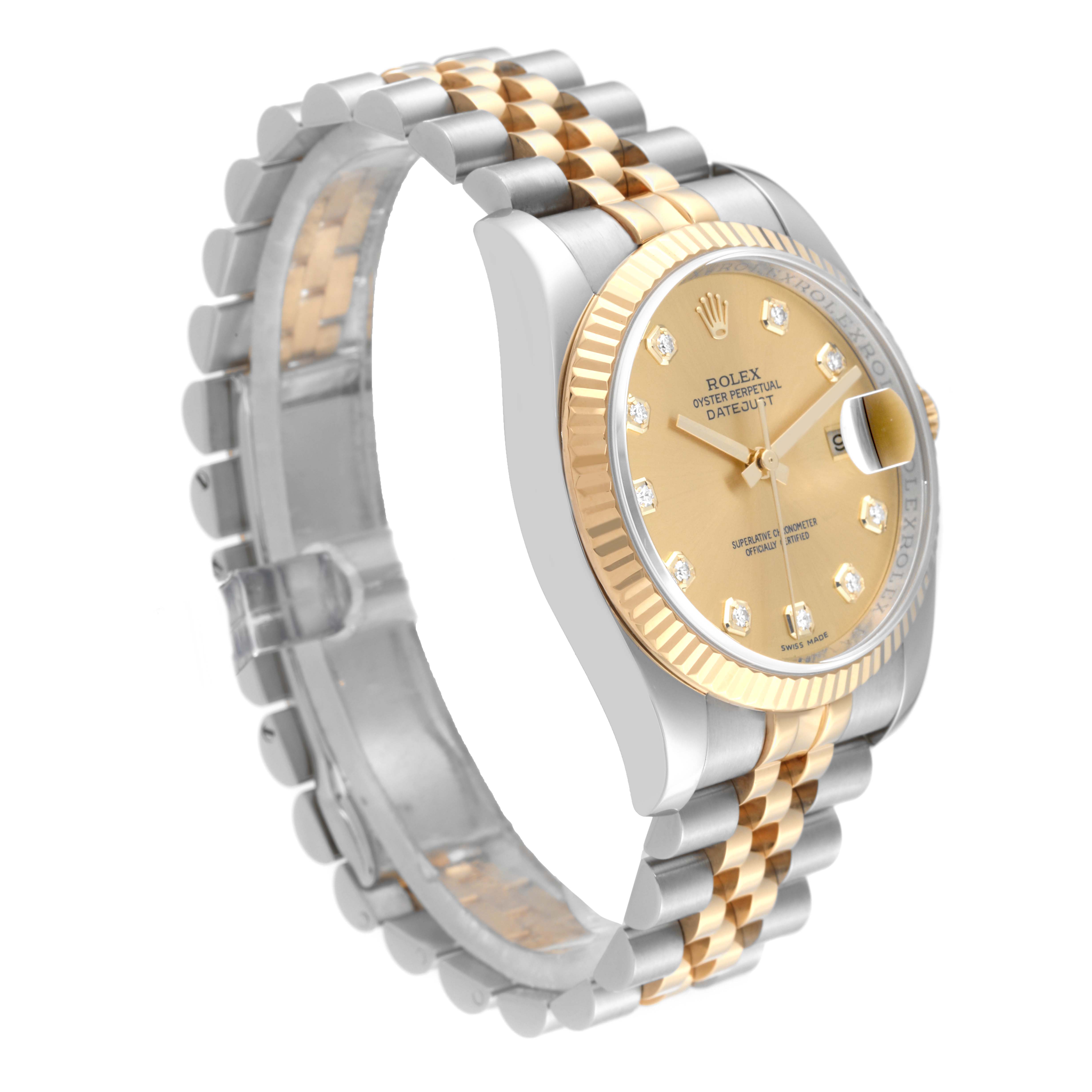 The Rolex Datejust 116233 Men's Steel and Gold (two tone) Champagne Dial 116233 Men's Steel and Gold (two tone) Champagne Dial watch is shown at a side angle, highlighting the gold and silver bracelet and the diamond-accented dial.
