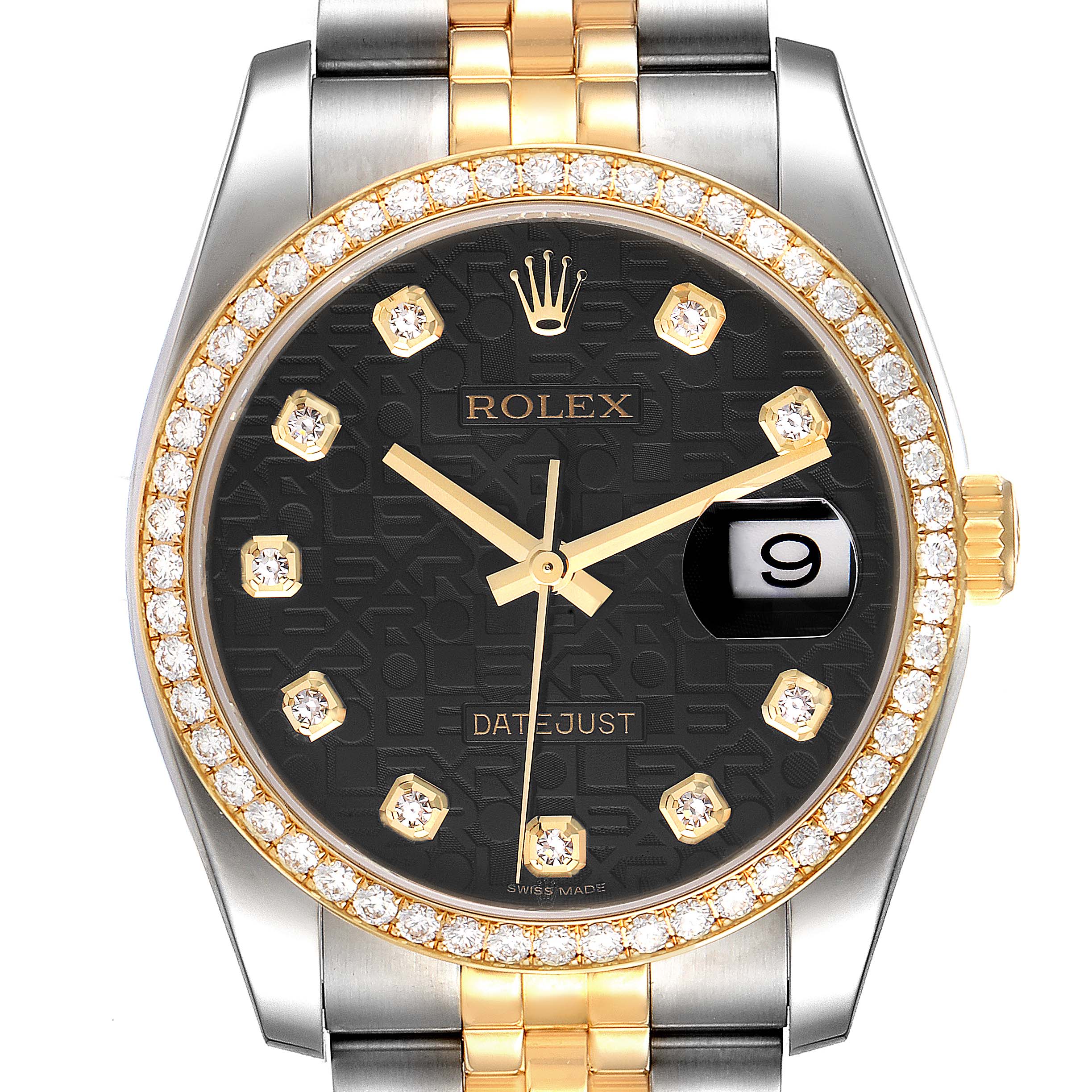 The image shows a Rolex Datejust 116243 Men's Steel and Gold (two tone) Black Dial 116243 Men's Steel and Gold (two tone) Black Dial watch from a front angle, highlighting its dial, bezel, hands, and bracelet.