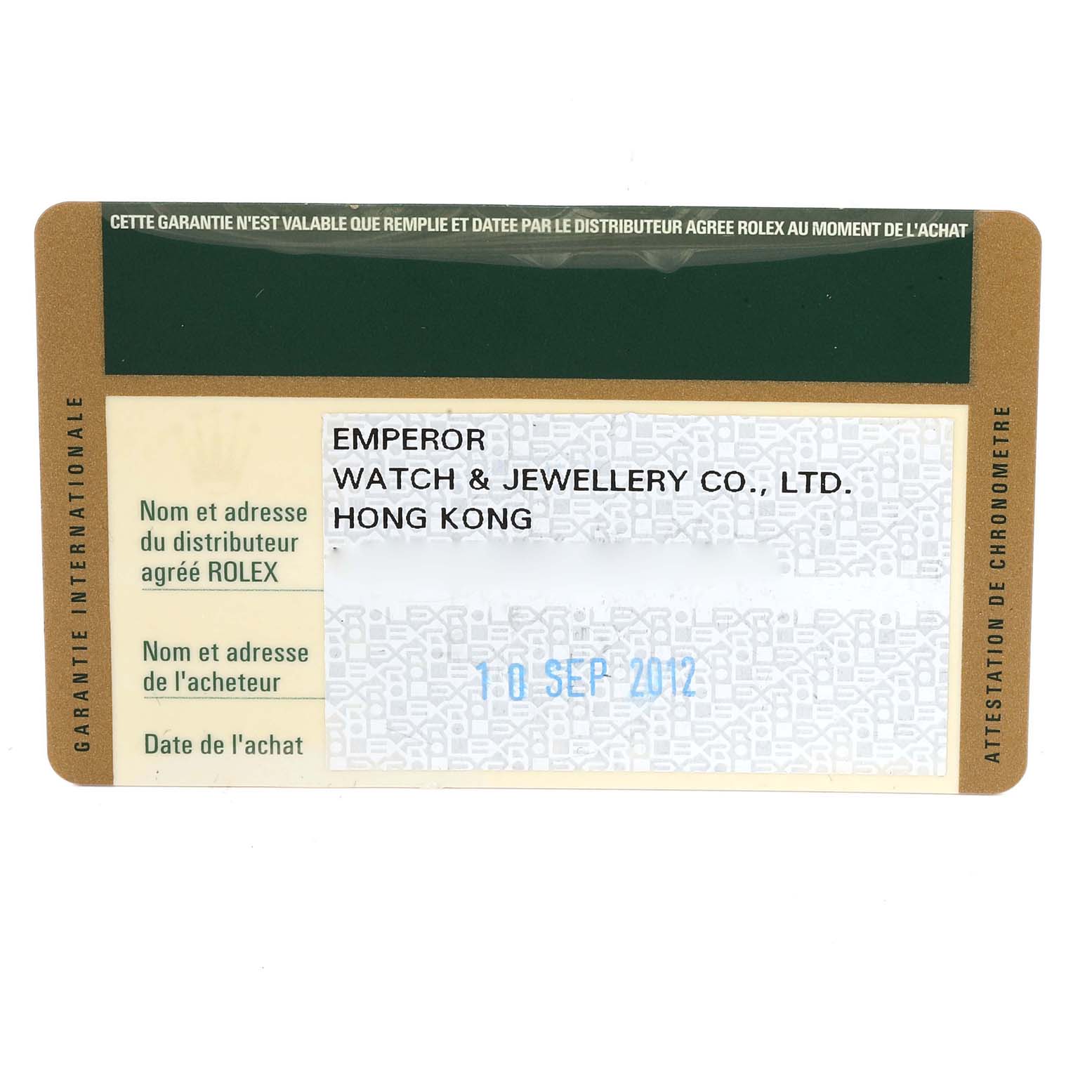 The image shows the warranty card for a Rolex Datejust 116243 Men's Steel and Gold (two tone) Black Dial 116243 Men's Steel and Gold (two tone) Black Dial model, including the purchase date and distributor details.