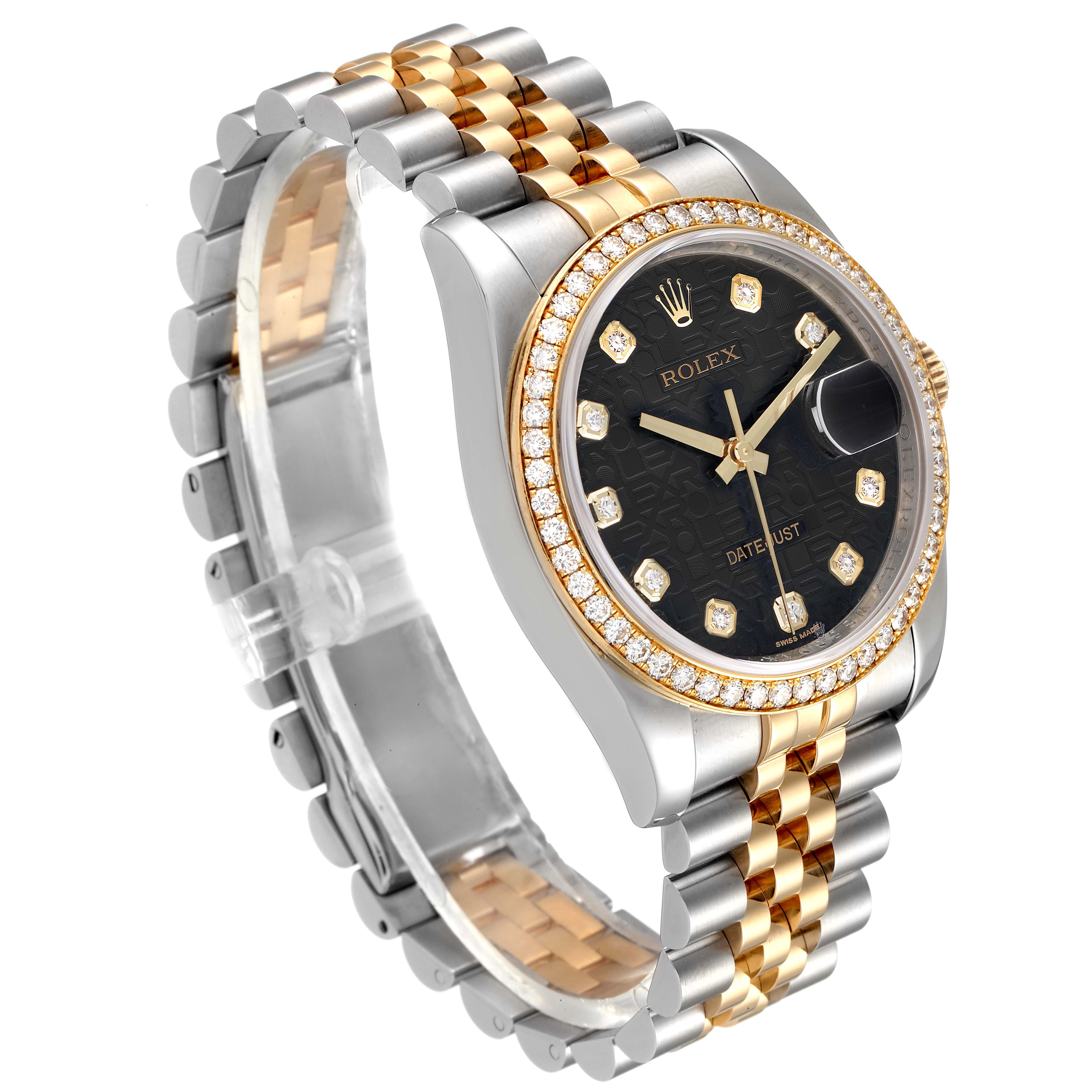 The Rolex Datejust 116243 Men's Steel and Gold (two tone) Black Dial 116243 Men's Steel and Gold (two tone) Black Dial watch is shown at an angled side view, highlighting its two-tone bracelet, diamond bezel, and black dial.