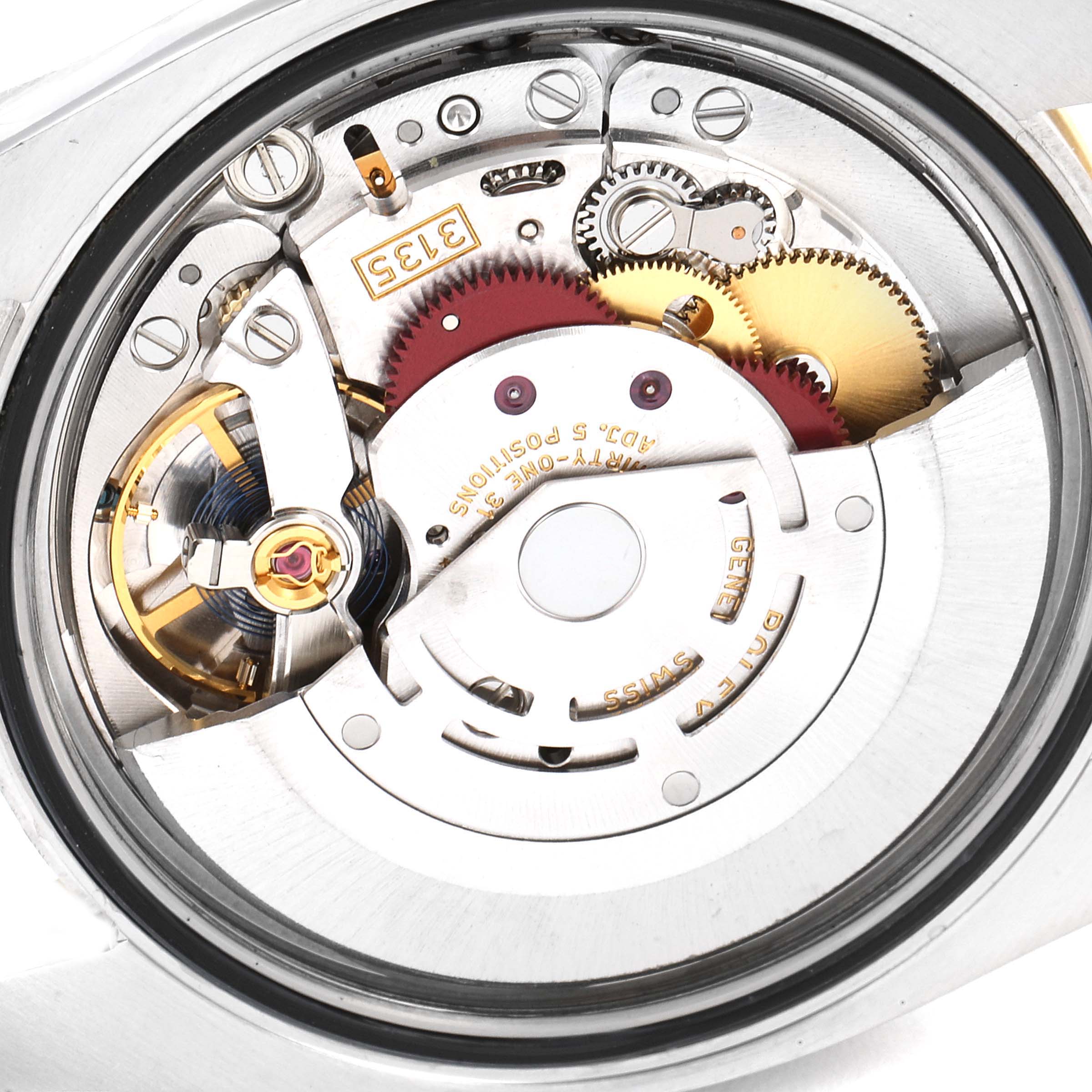 This image shows the intricate movement mechanism of the Rolex Datejust 116243 Men's Steel and Gold (two tone) Black Dial 116243 Men's Steel and Gold (two tone) Black Dial model from a rear angle.