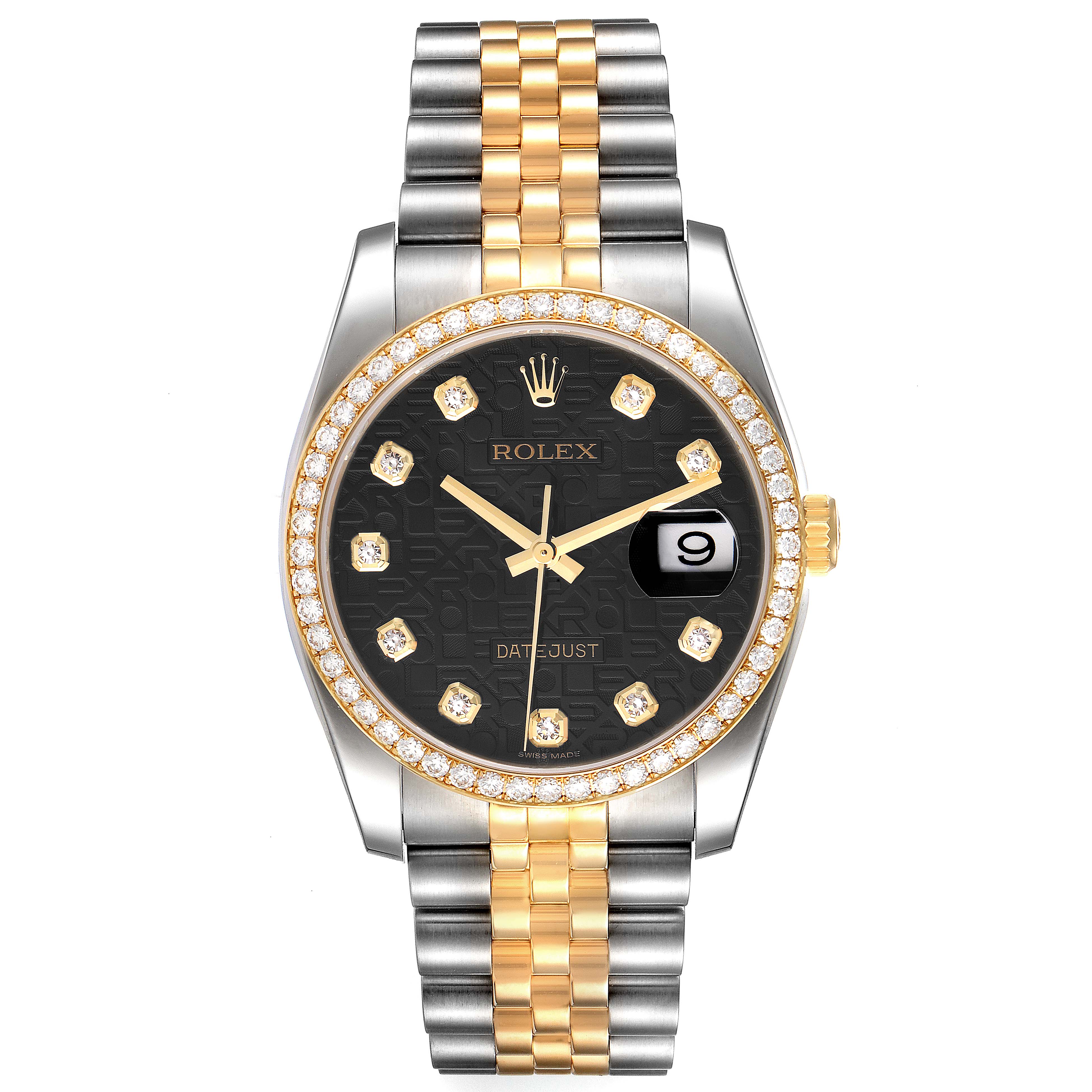 The image shows a front view of a Rolex Datejust 116243 Men's Steel and Gold (two tone) Black Dial 116243 Men's Steel and Gold (two tone) Black Dial watch featuring a two-tone bracelet, diamond hour markers, and a date window.