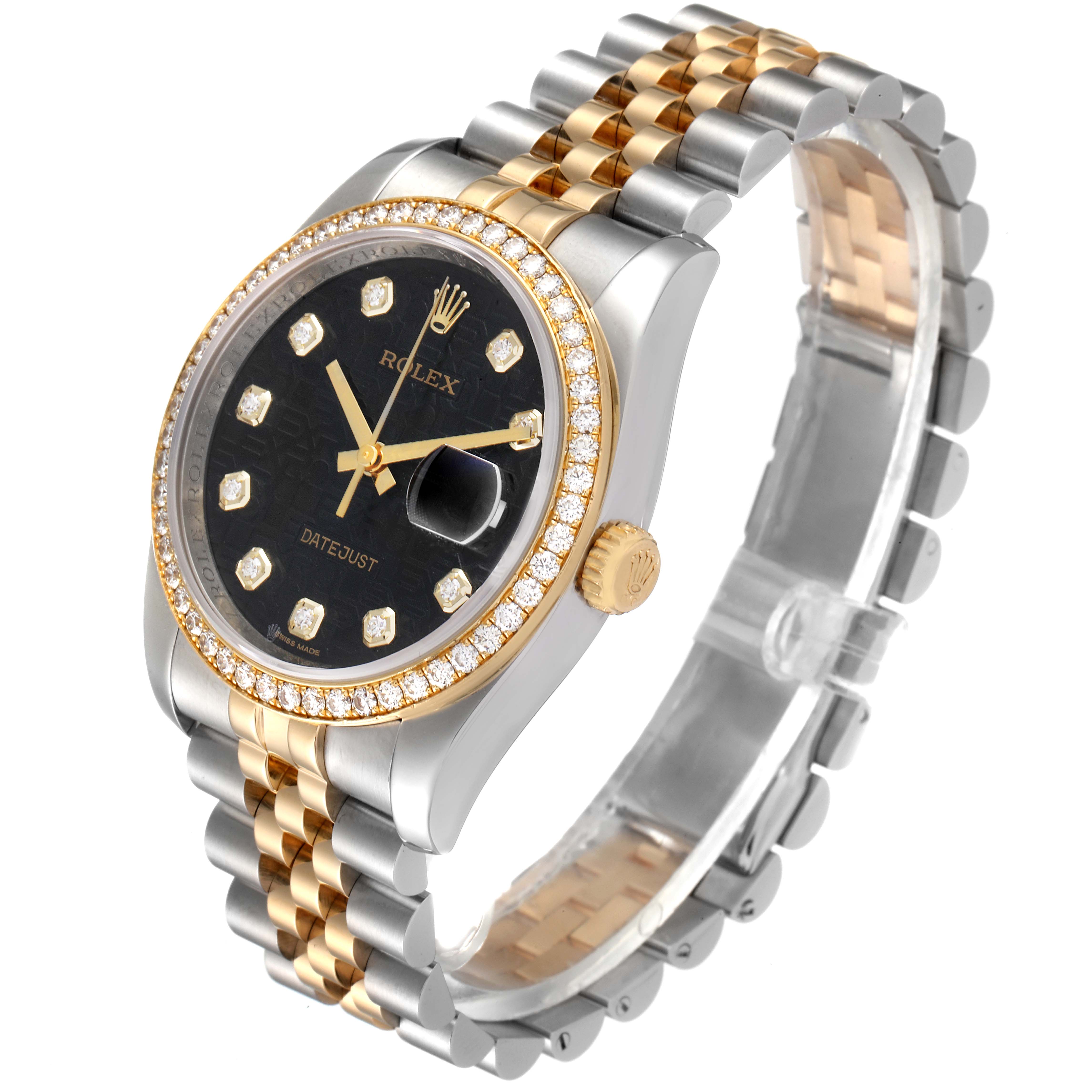 This image shows a Rolex Datejust 116243 Men's Steel and Gold (two tone) Black Dial 116243 Men's Steel and Gold (two tone) Black Dial watch at a slight angle, featuring a black dial, diamond markers, and a two-tone bracelet.