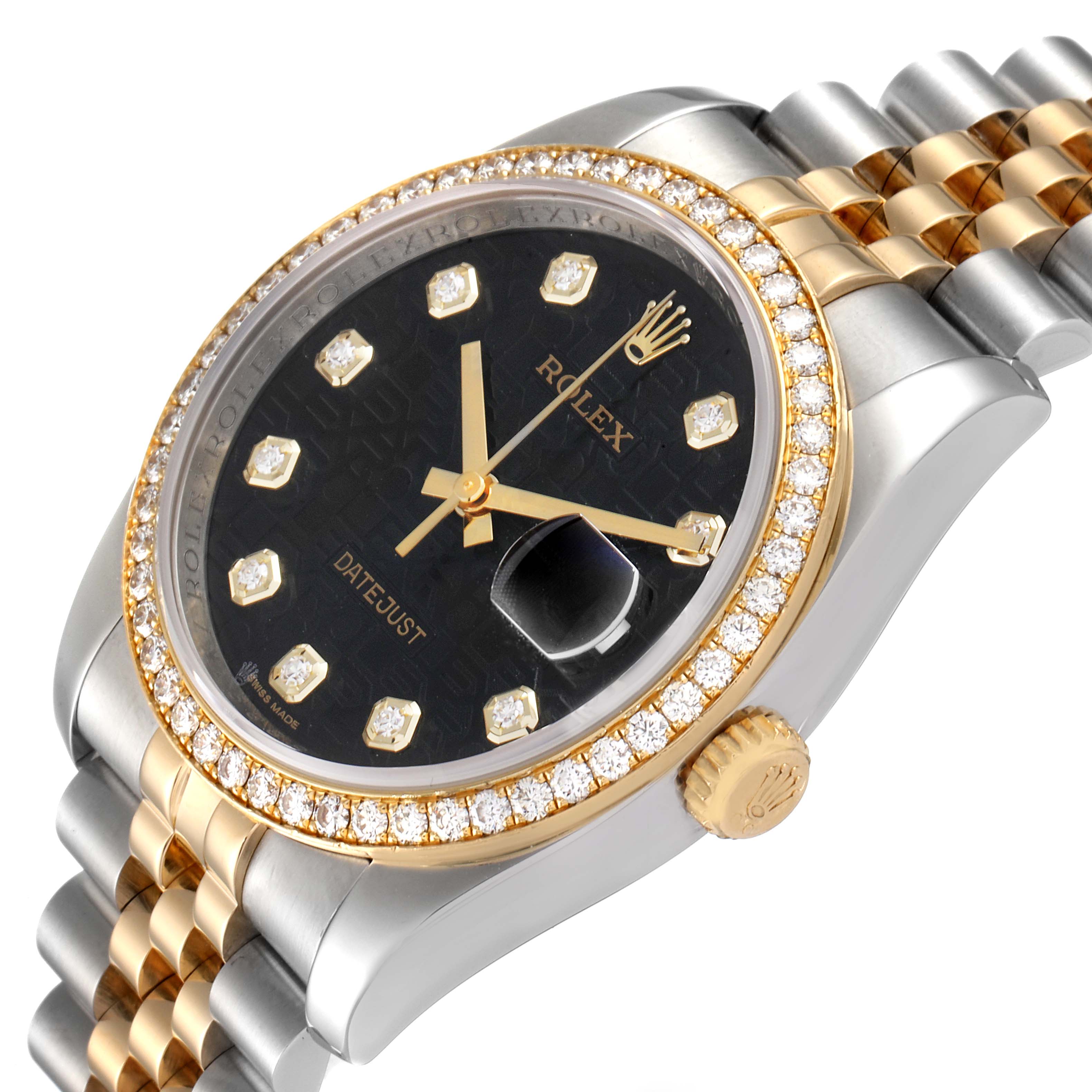 The Rolex Datejust 116243 Men's Steel and Gold (two tone) Black Dial 116243 Men's Steel and Gold (two tone) Black Dial watch is shown at an angle highlighting the black dial, diamond markers, gold accents, and the bracelet.