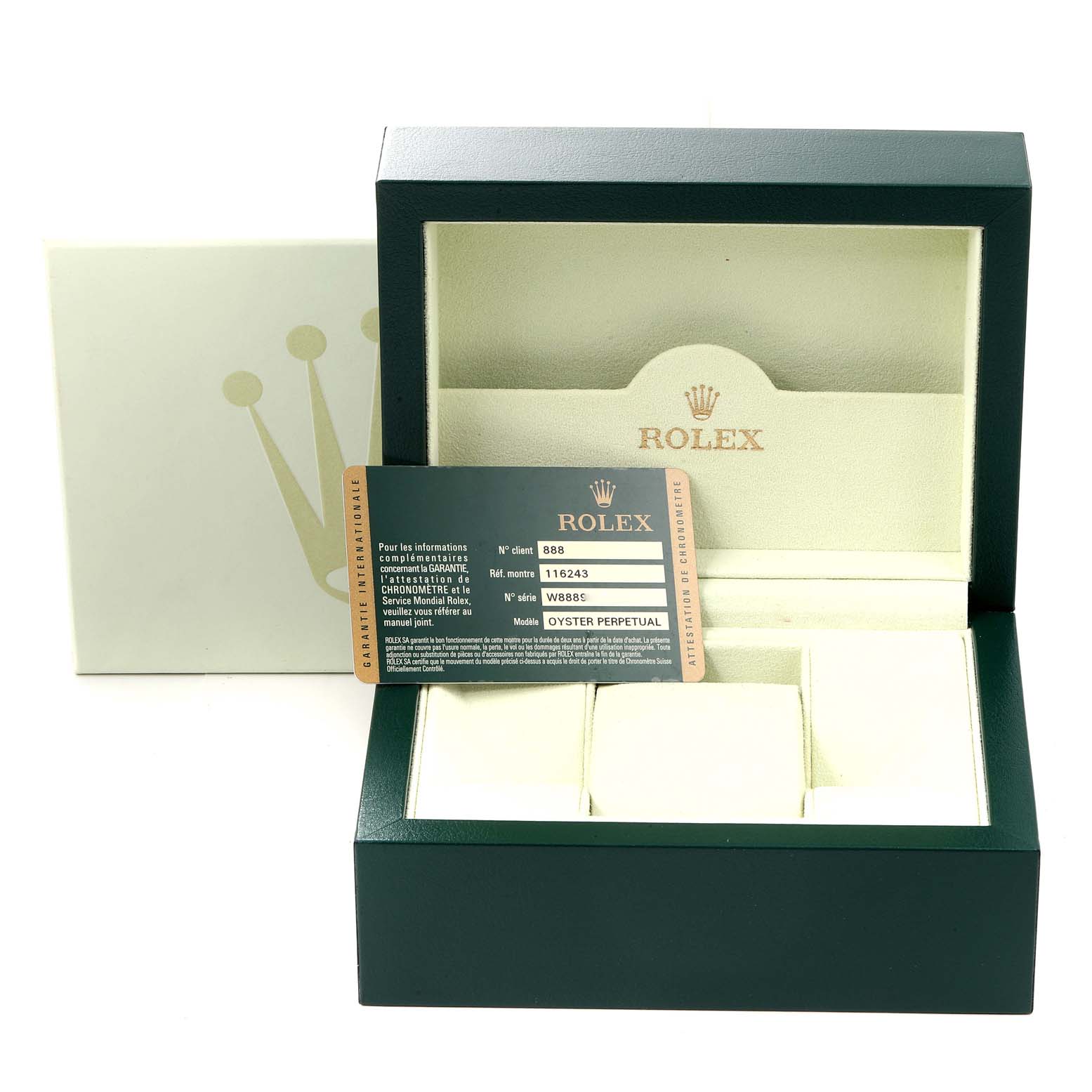 The image shows a Rolex Datejust 116243 Men's Steel and Gold (two tone) Black Dial 116243 Men's Steel and Gold (two tone) Black Dial watch box and warranty card viewed from the front.