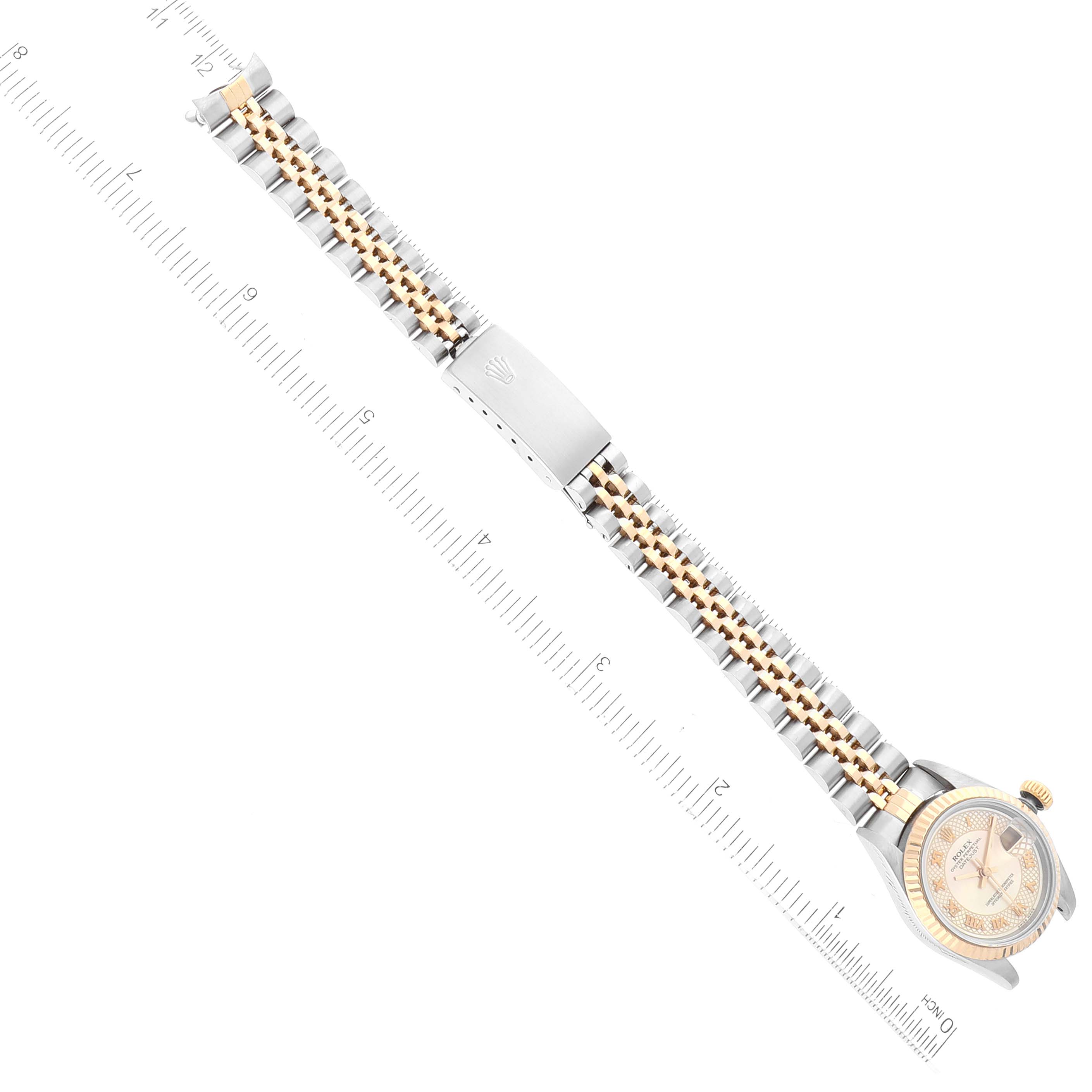 This image shows a top-down view of a Rolex Datejust 69173 Women's Steel and Gold (two tone) Mother of Pearl Dial 69173 Women's Steel and Gold (two tone) Mother of Pearl Dial watch with a focus on its dial, bracelet, and clasp.