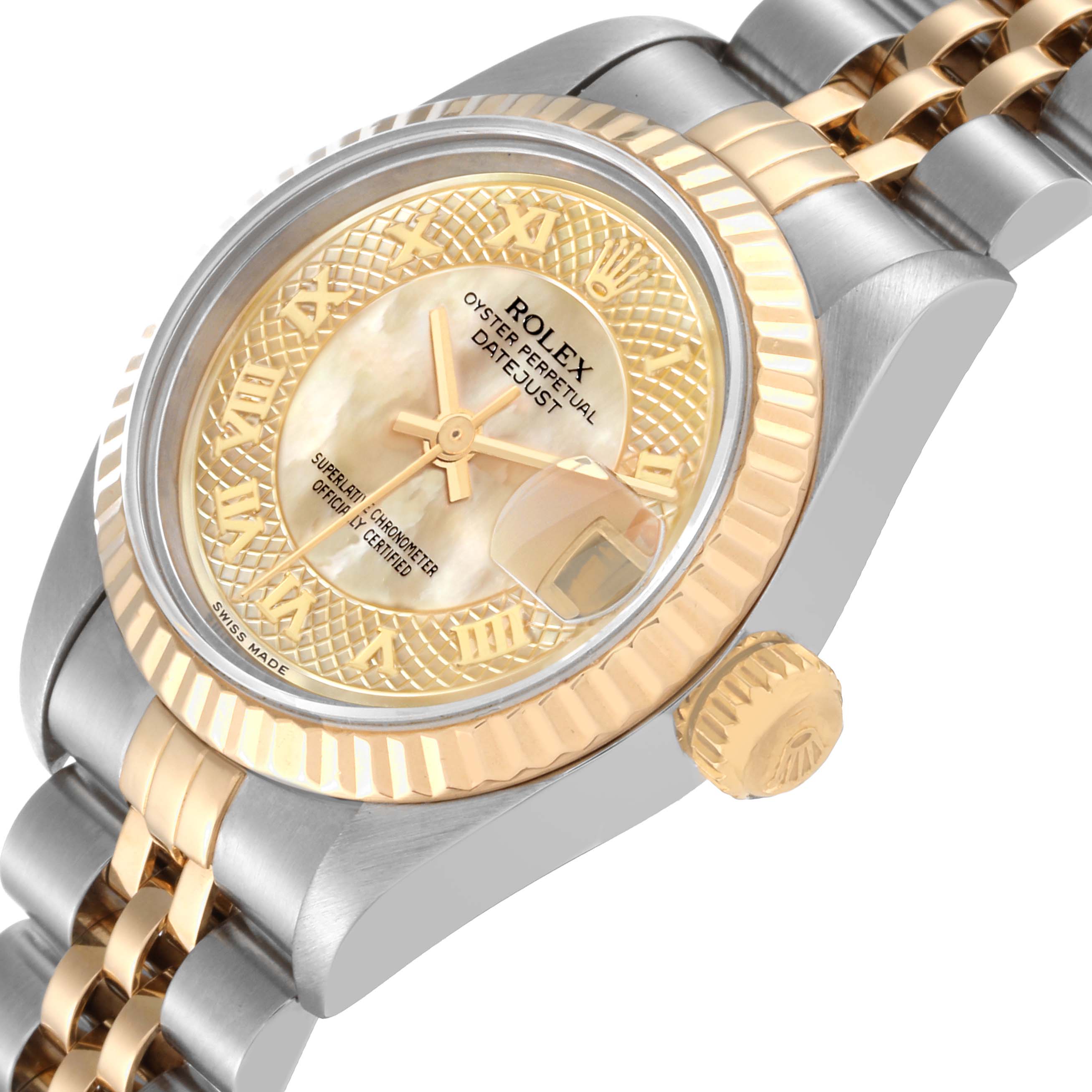 The image shows a close-up view of the Rolex Datejust 69173 Women's Steel and Gold (two tone) Mother of Pearl Dial 69173 Women's Steel and Gold (two tone) Mother of Pearl Dial watch, highlighting the dial, case, crown, and bracelet.