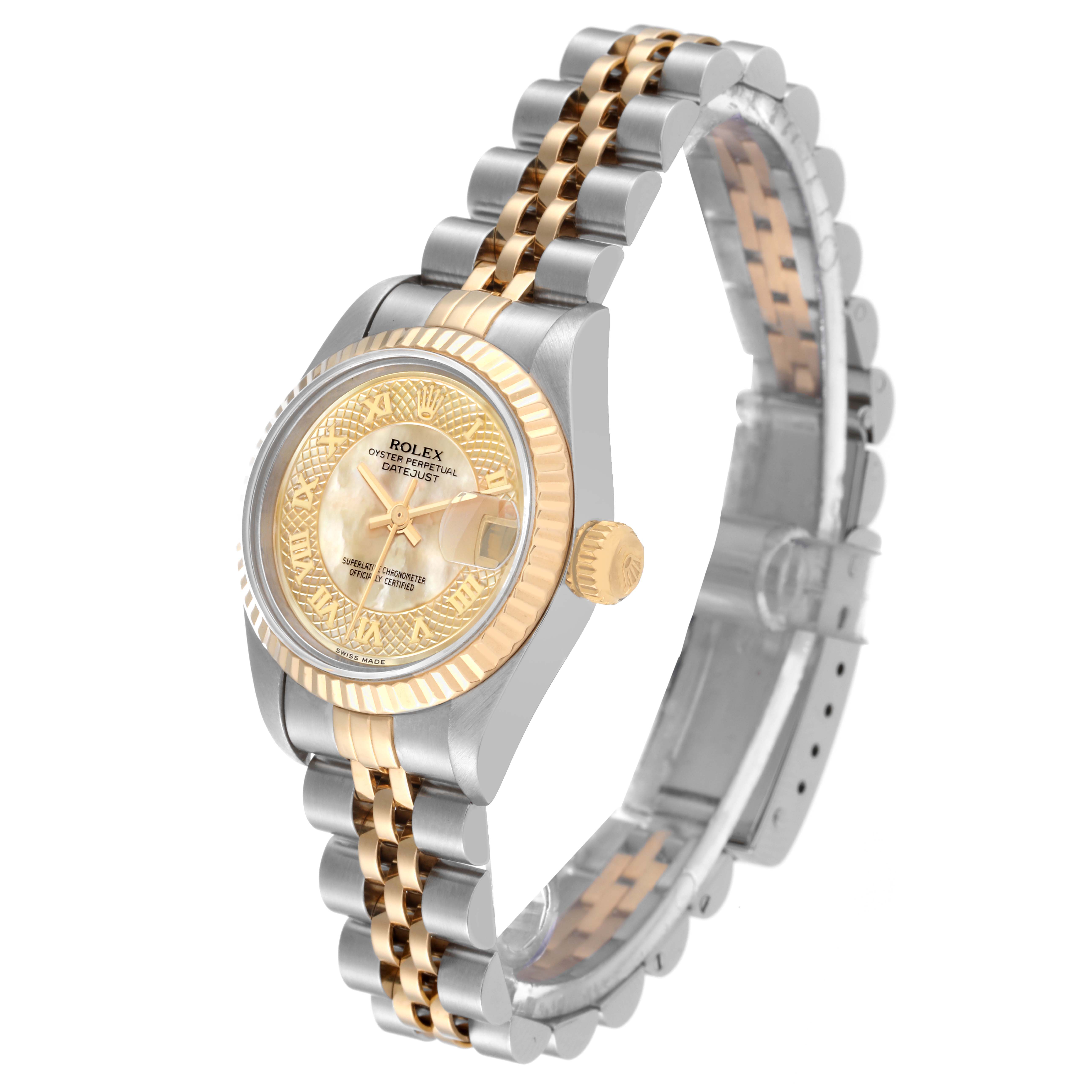 This Rolex Datejust 69173 Women's Steel and Gold (two tone) Mother of Pearl Dial 69173 Women's Steel and Gold (two tone) Mother of Pearl Dial watch is shown at a three-quarter angle, displaying the dial, bezel, crown, and two-tone bracelet.