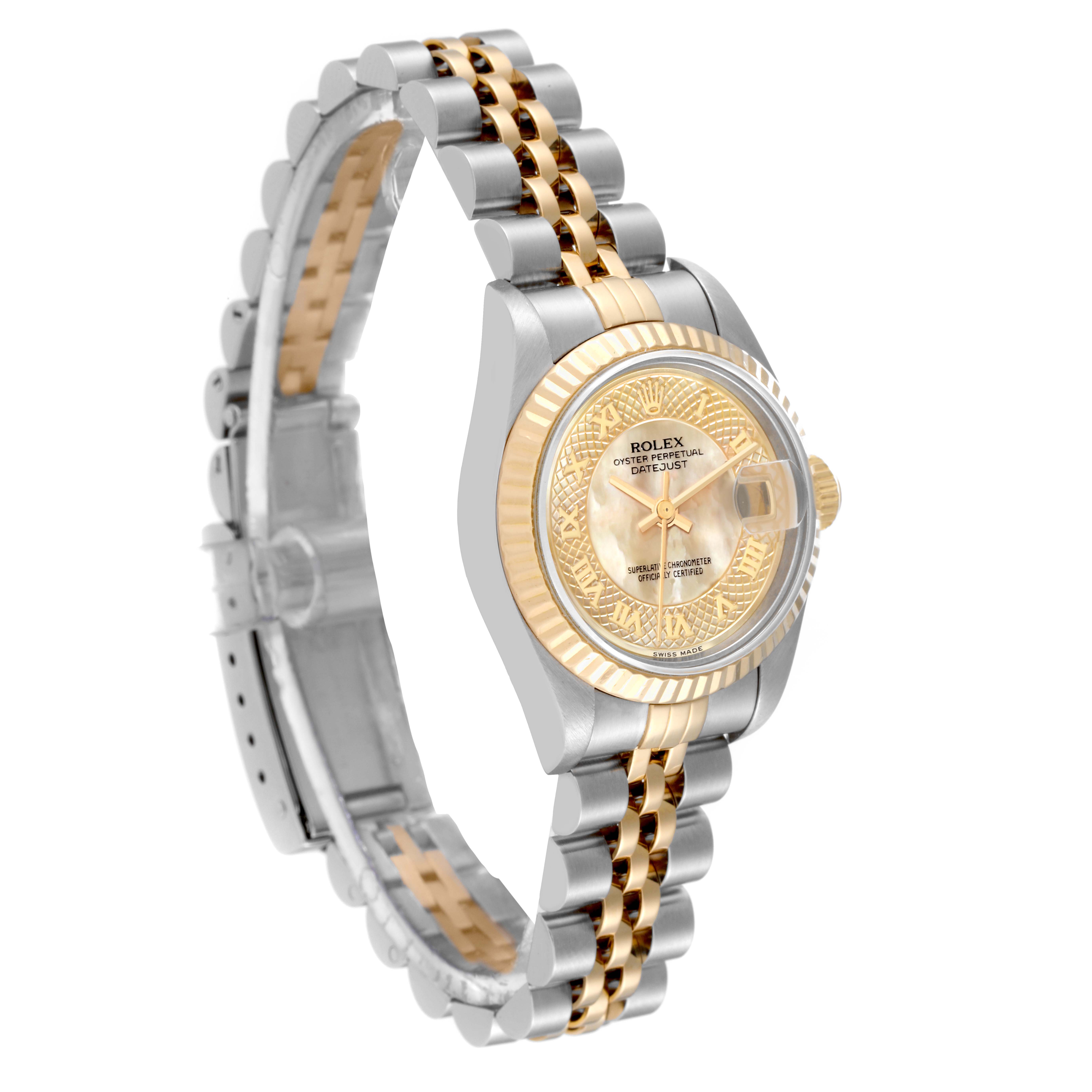 The Rolex Datejust 69173 Women's Steel and Gold (two tone) Mother of Pearl Dial 69173 Women's Steel and Gold (two tone) Mother of Pearl Dial watch is shown at a side angle, featuring the bracelet, case, bezel, dial, and crown.