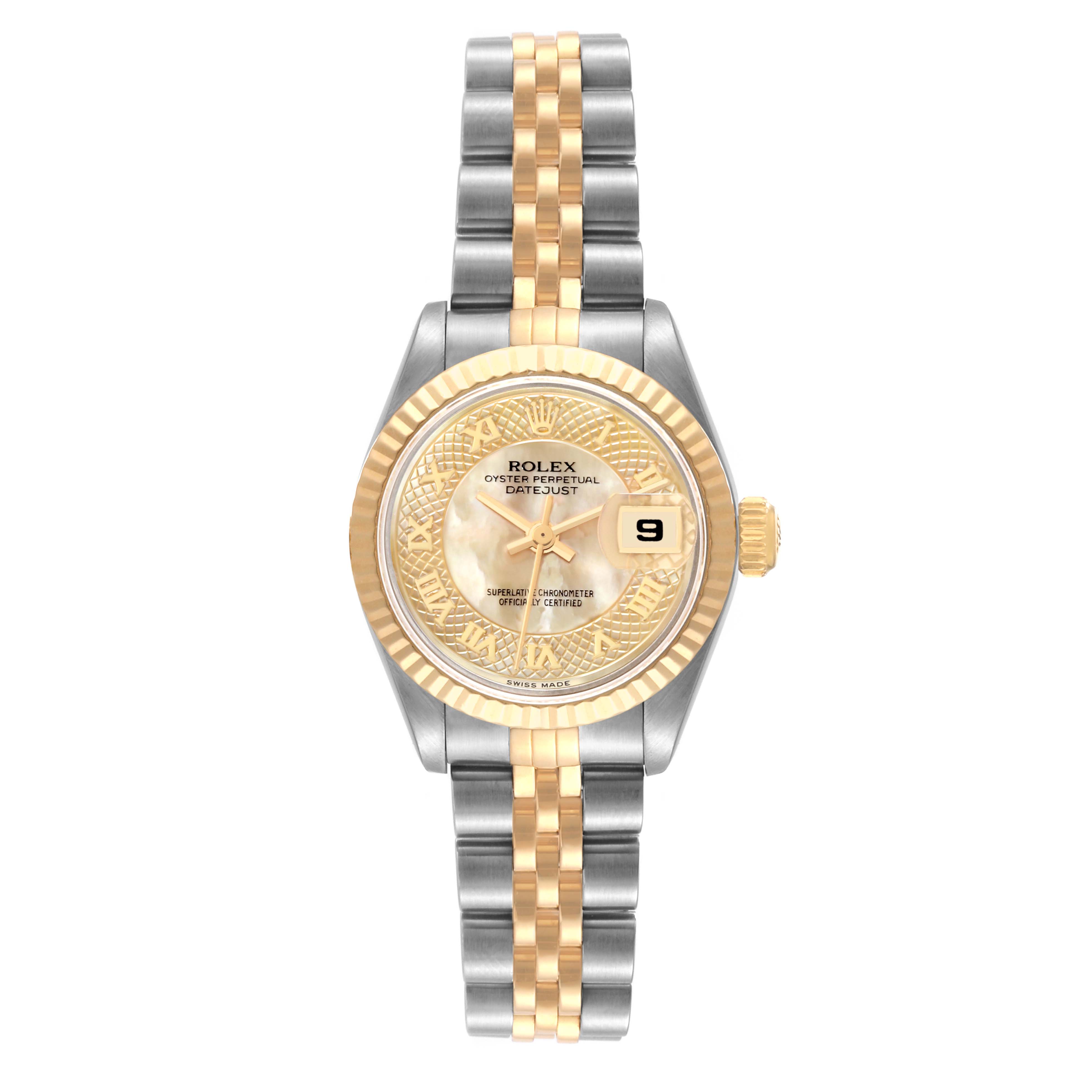The image shows a front view of a Rolex Datejust 69173 Women's Steel and Gold (two tone) Mother of Pearl Dial 69173 Women's Steel and Gold (two tone) Mother of Pearl Dial watch, highlighting the gold and silver features of the dial and band.