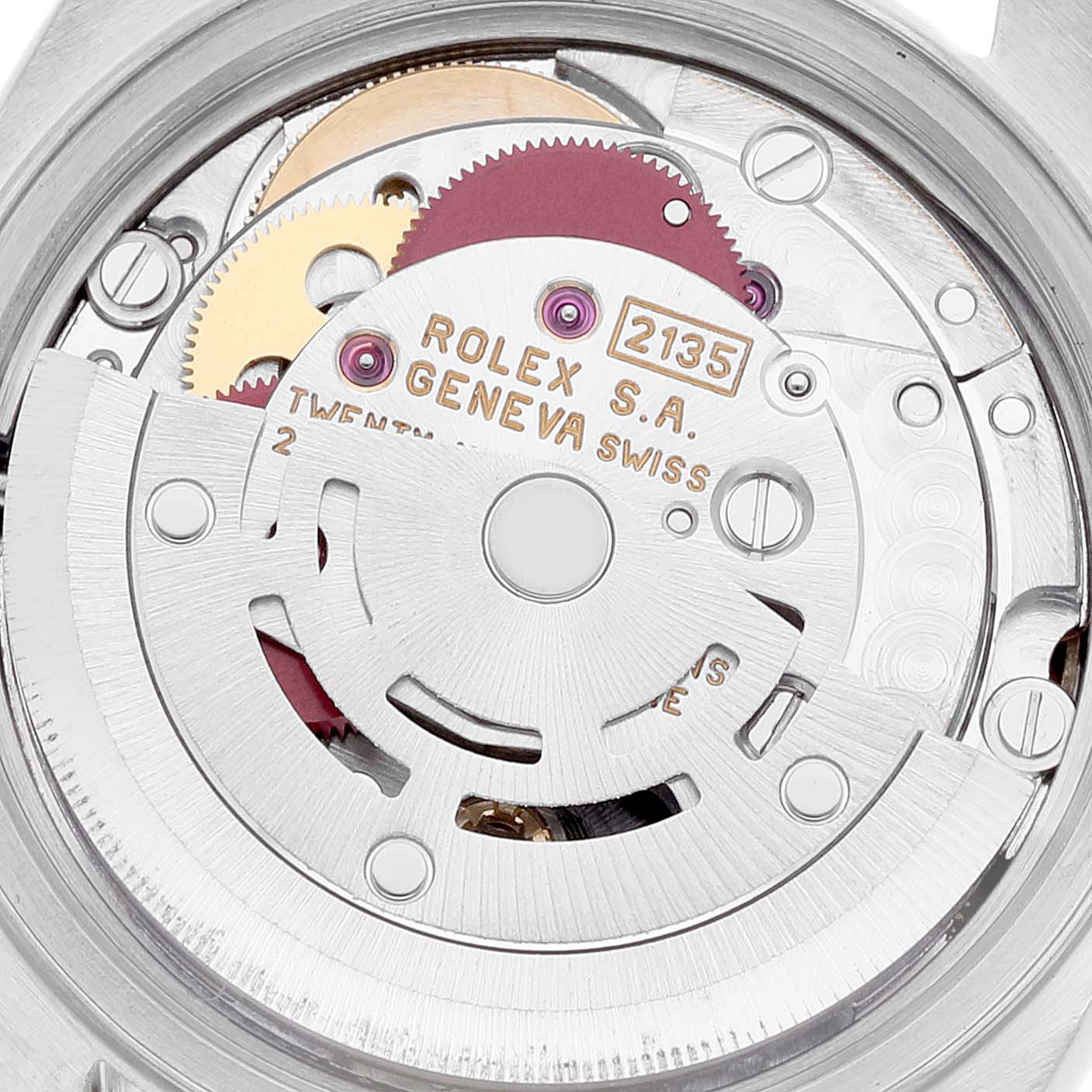 The image shows the internal mechanism of a Rolex Datejust 69173 Women's Steel and Gold (two tone) Mother of Pearl Dial 69173 Women's Steel and Gold (two tone) Mother of Pearl Dial watch, highlighting gears and movement components from a back angle.