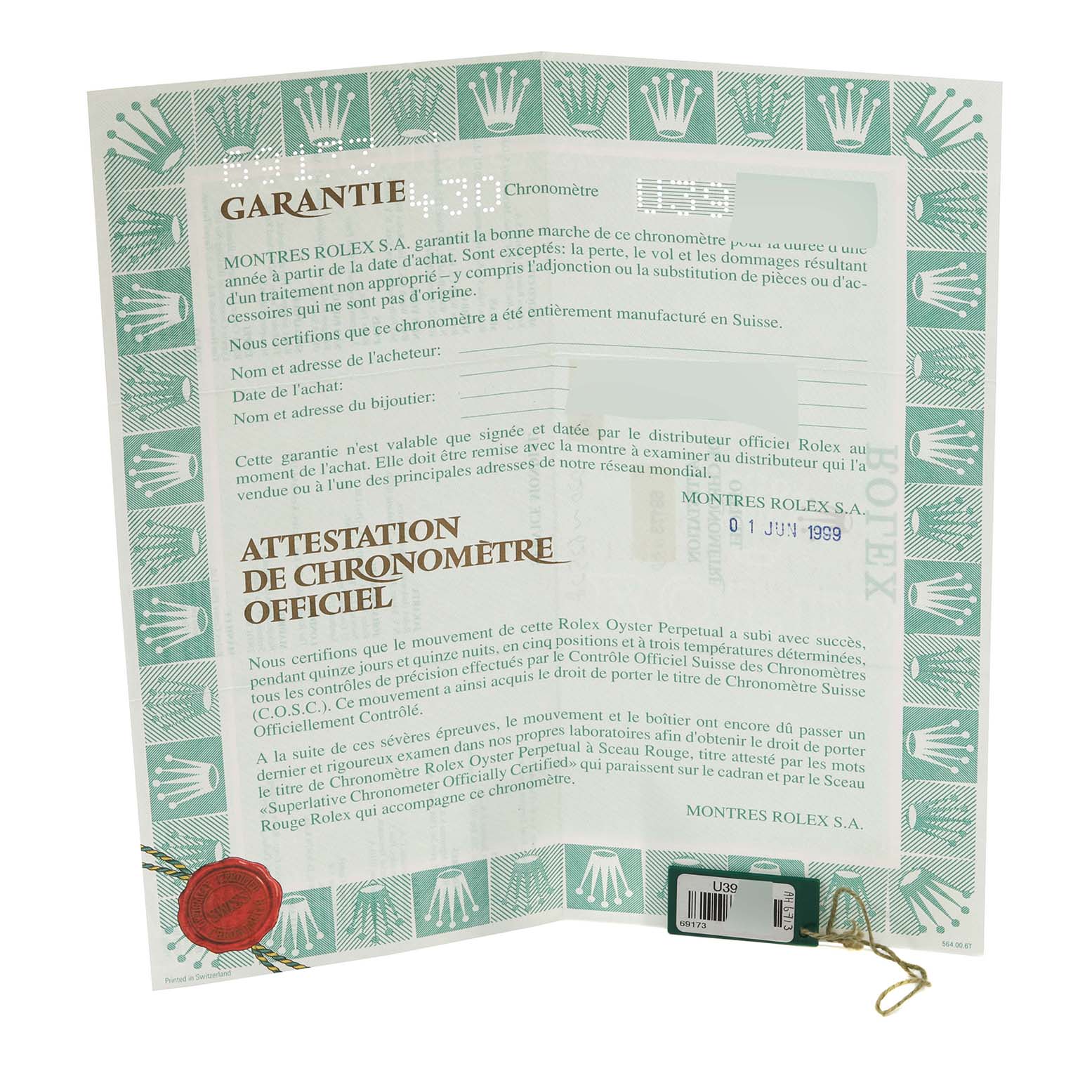 The image shows the warranty paper and certification card for a Rolex Datejust 69173 Women's Steel and Gold (two tone) Mother of Pearl Dial 69173 Women's Steel and Gold (two tone) Mother of Pearl Dial watch.