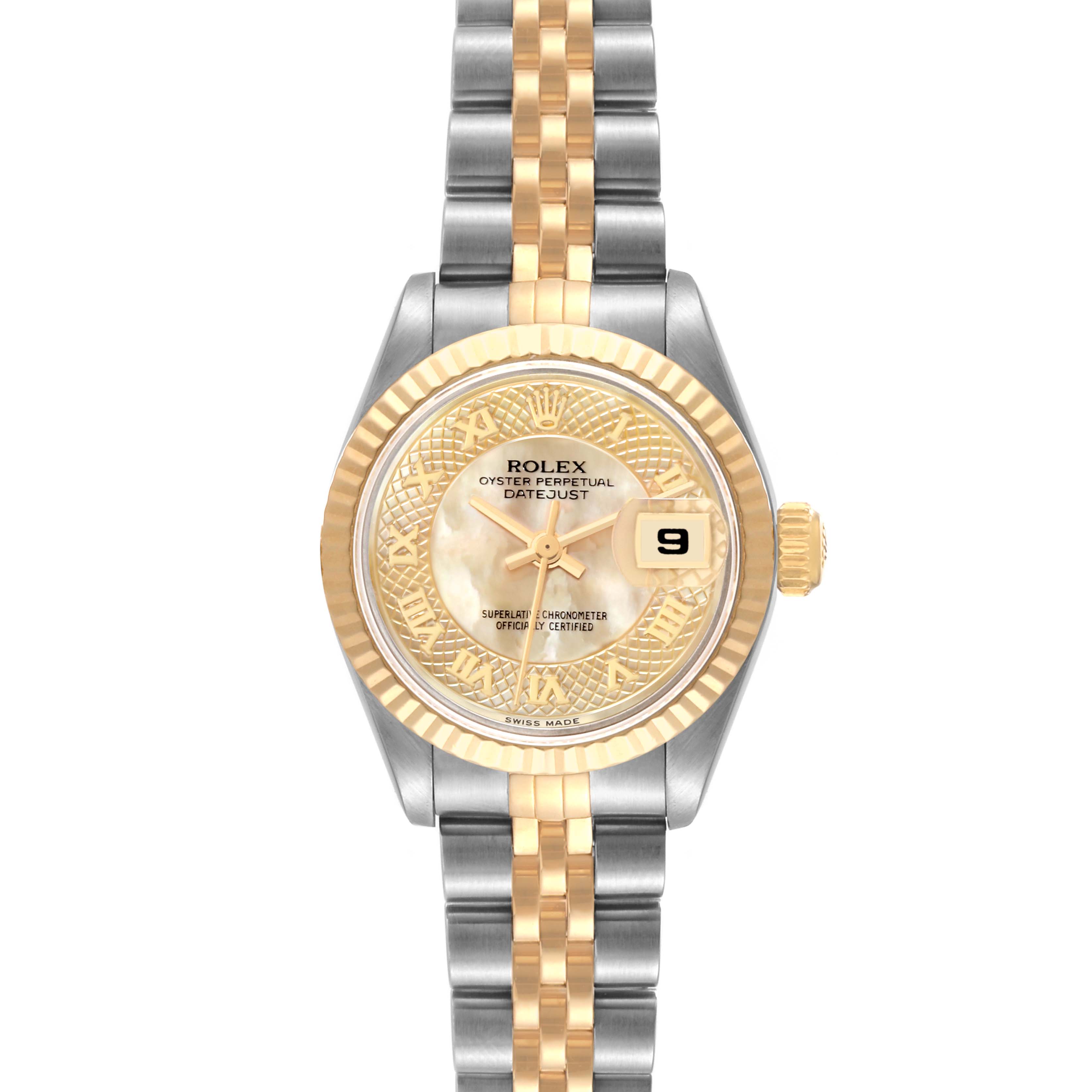 This is a front view of a Rolex Datejust 69173 Women's Steel and Gold (two tone) Mother of Pearl Dial 69173 Women's Steel and Gold (two tone) Mother of Pearl Dial watch, highlighting its fluted bezel, champagne dial, and two-tone Jubilee bracelet.