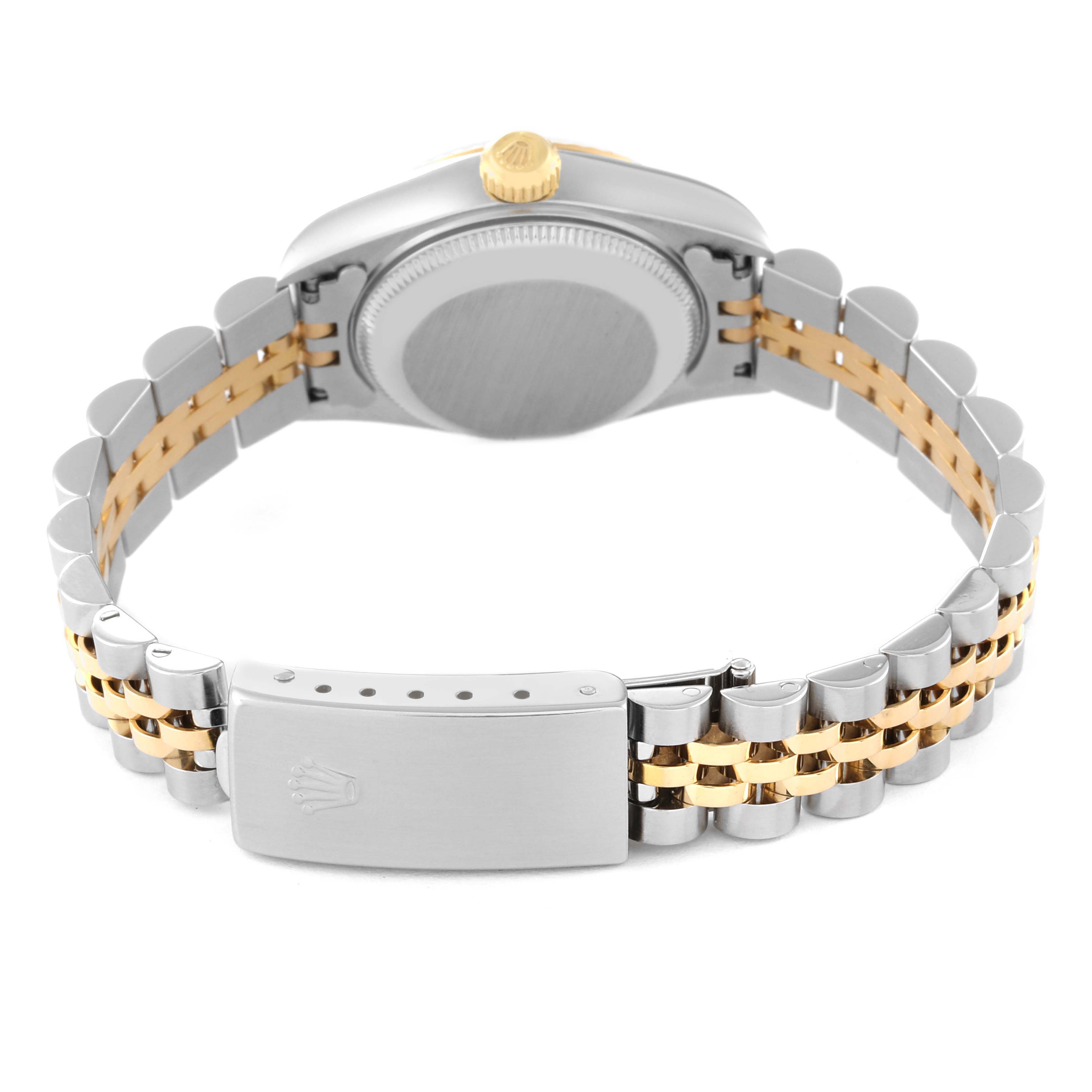 This image shows the back view of a Rolex Datejust 69173 Women's Steel and Gold (two tone) Mother of Pearl Dial 69173 Women's Steel and Gold (two tone) Mother of Pearl Dial model, highlighting the bracelet, clasp, and case back.