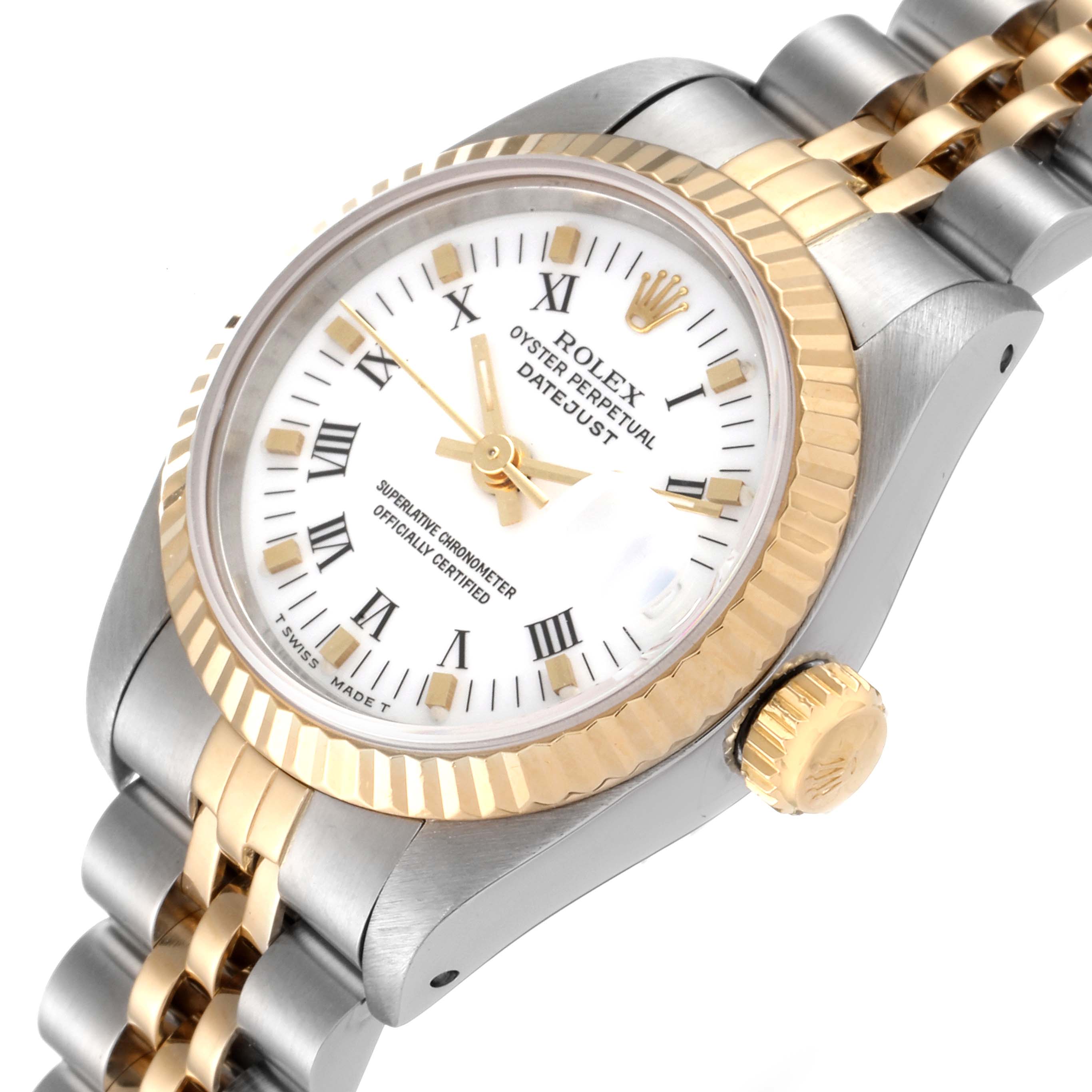 The image shows a close-up of the Rolex Datejust 69173 Women's Steel and Gold (two tone) White Dial 69173 Women's Steel and Gold (two tone) White Dial watch at an oblique angle, highlighting the face, crown, and part of the bracelet.