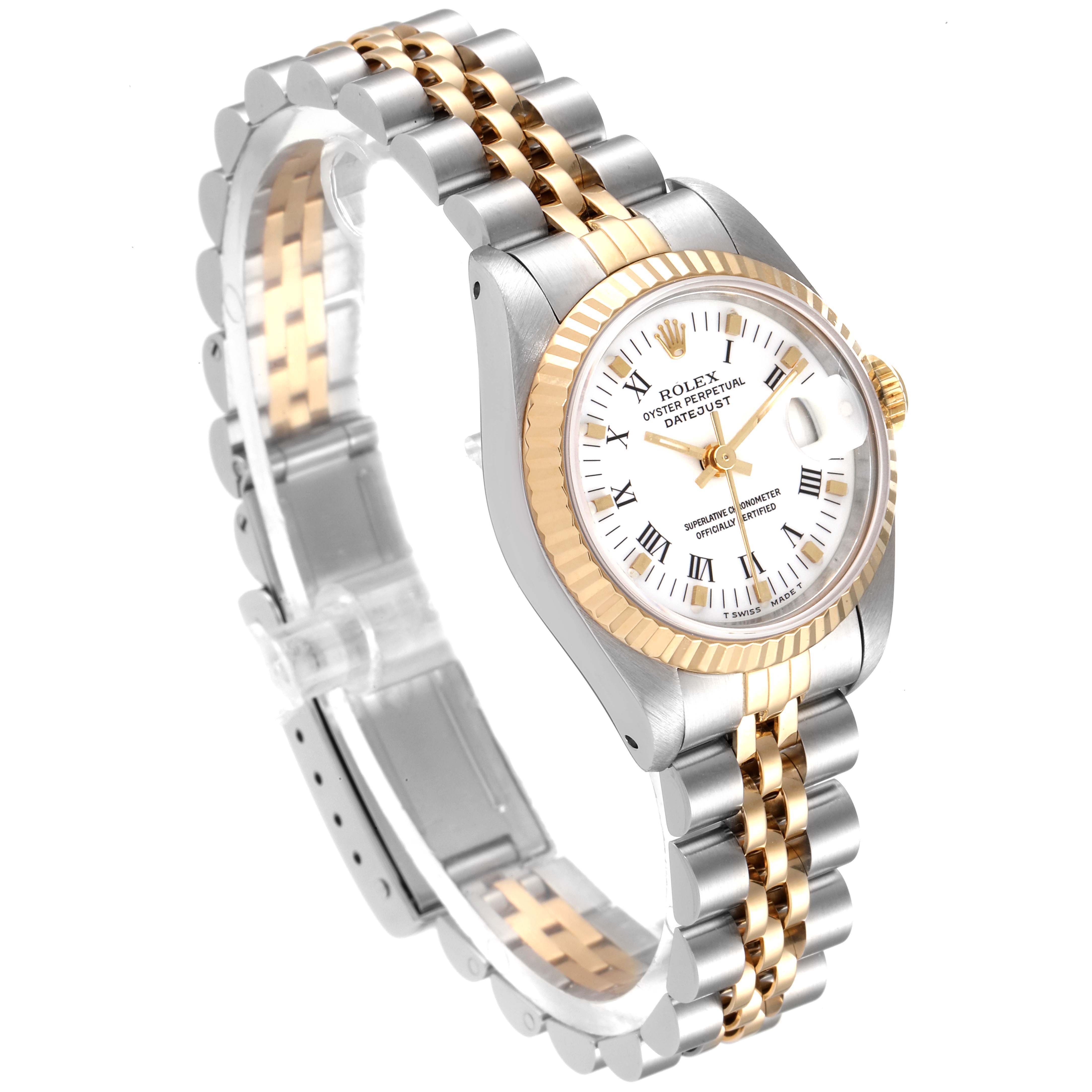 The image shows the Rolex Datejust 69173 Women's Steel and Gold (two tone) White Dial 69173 Women's Steel and Gold (two tone) White Dial watch at a three-quarter angle, highlighting its two-tone bracelet, dial, and fluted bezel.