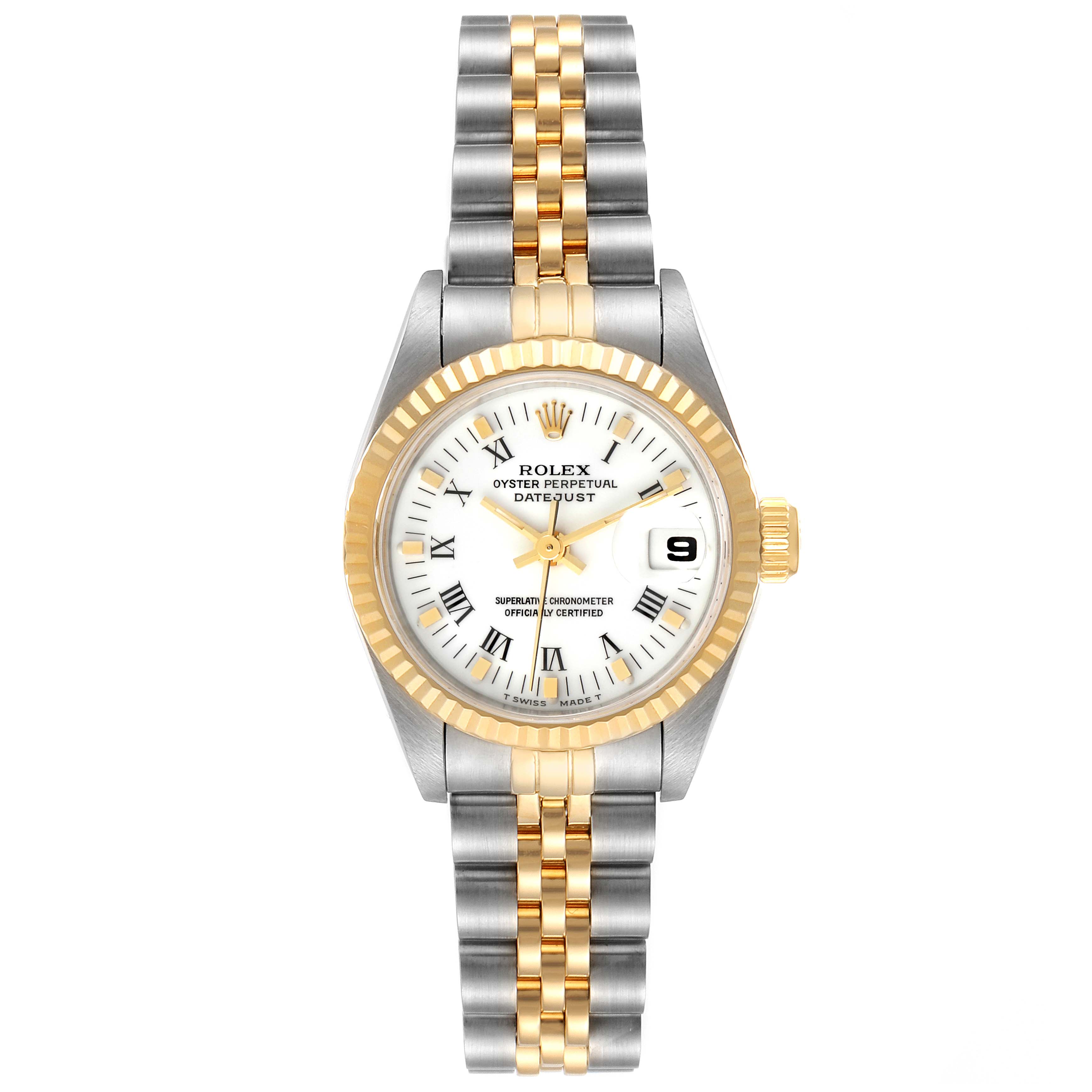 The image shows a front view of the Rolex Datejust 69173 Women's Steel and Gold (two tone) White Dial 69173 Women's Steel and Gold (two tone) White Dial watch, highlighting its dial, bezel, and two-tone bracelet.