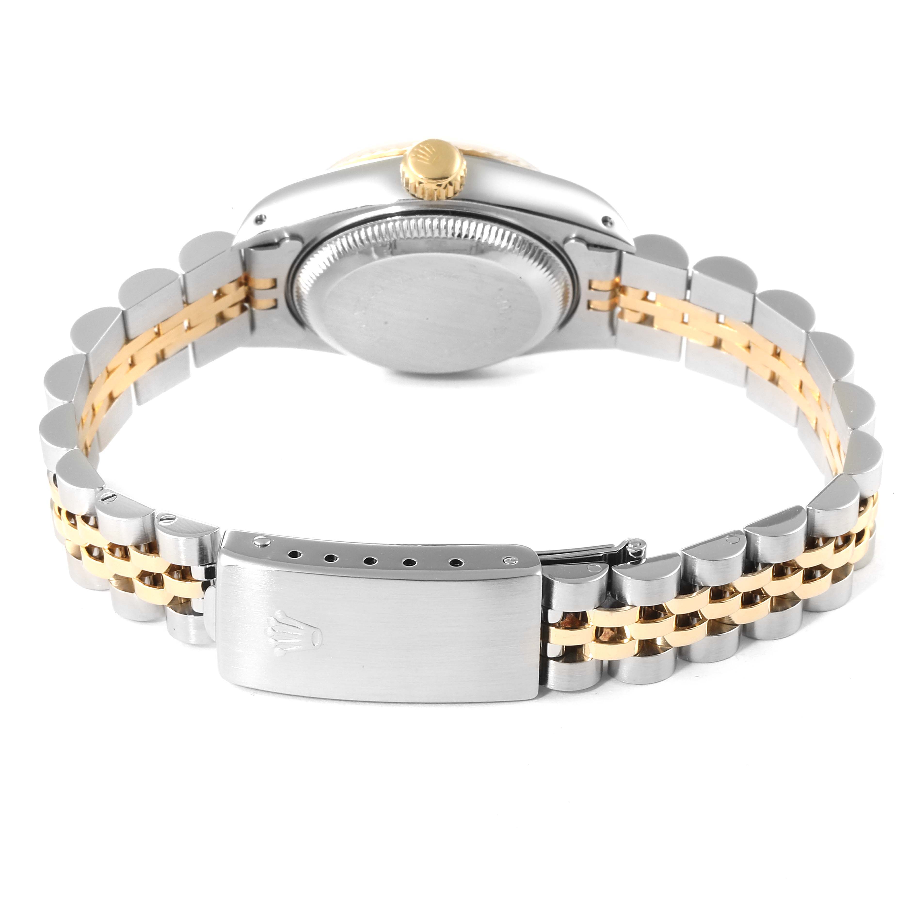This image shows the back of the Rolex Datejust 69173 Women's Steel and Gold (two tone) White Dial 69173 Women's Steel and Gold (two tone) White Dial watch, highlighting the clasp, bracelet, and case back.