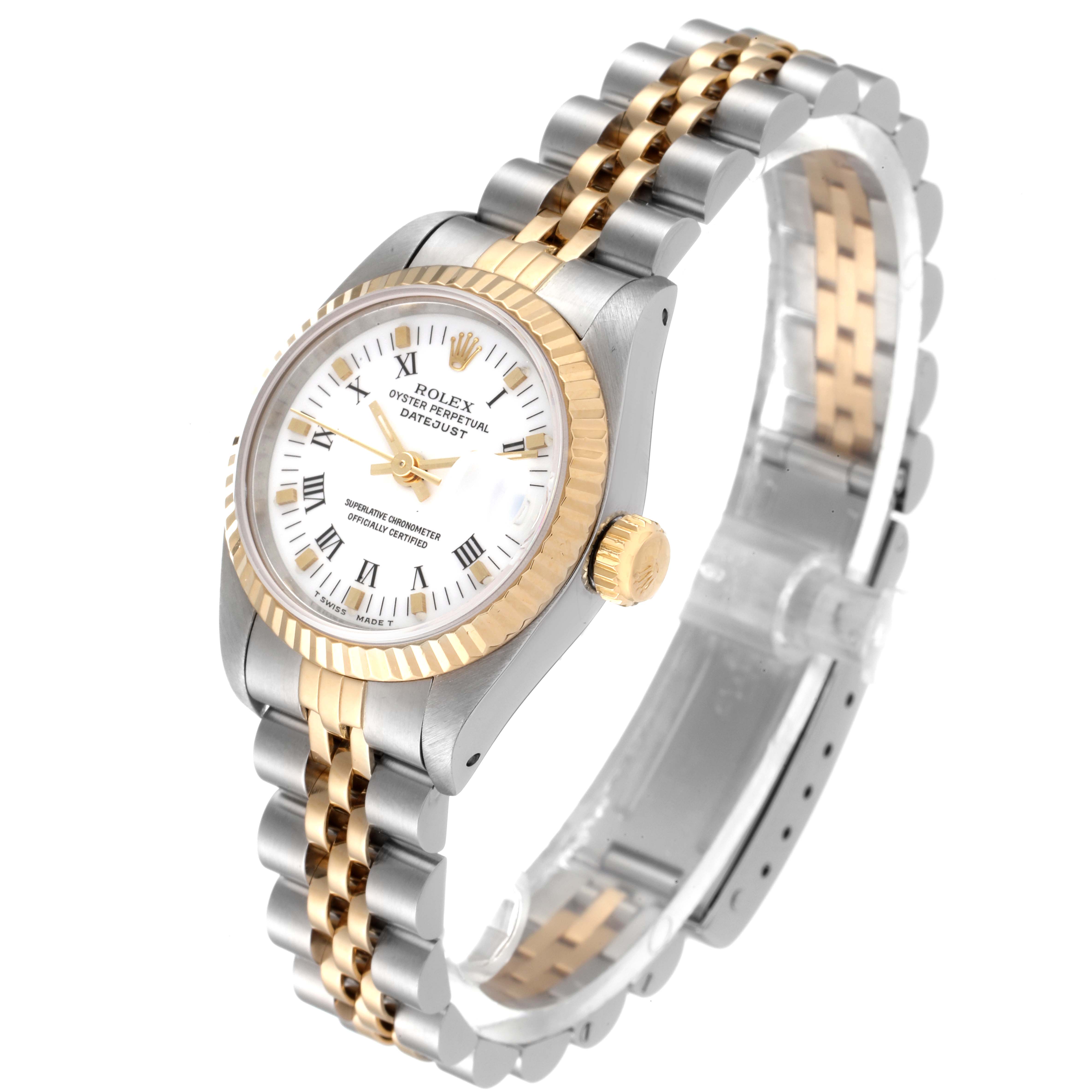 This is a high-angle view showing the face, bezel, crown, and band of a Rolex Datejust 69173 Women's Steel and Gold (two tone) White Dial 69173 Women's Steel and Gold (two tone) White Dial watch.