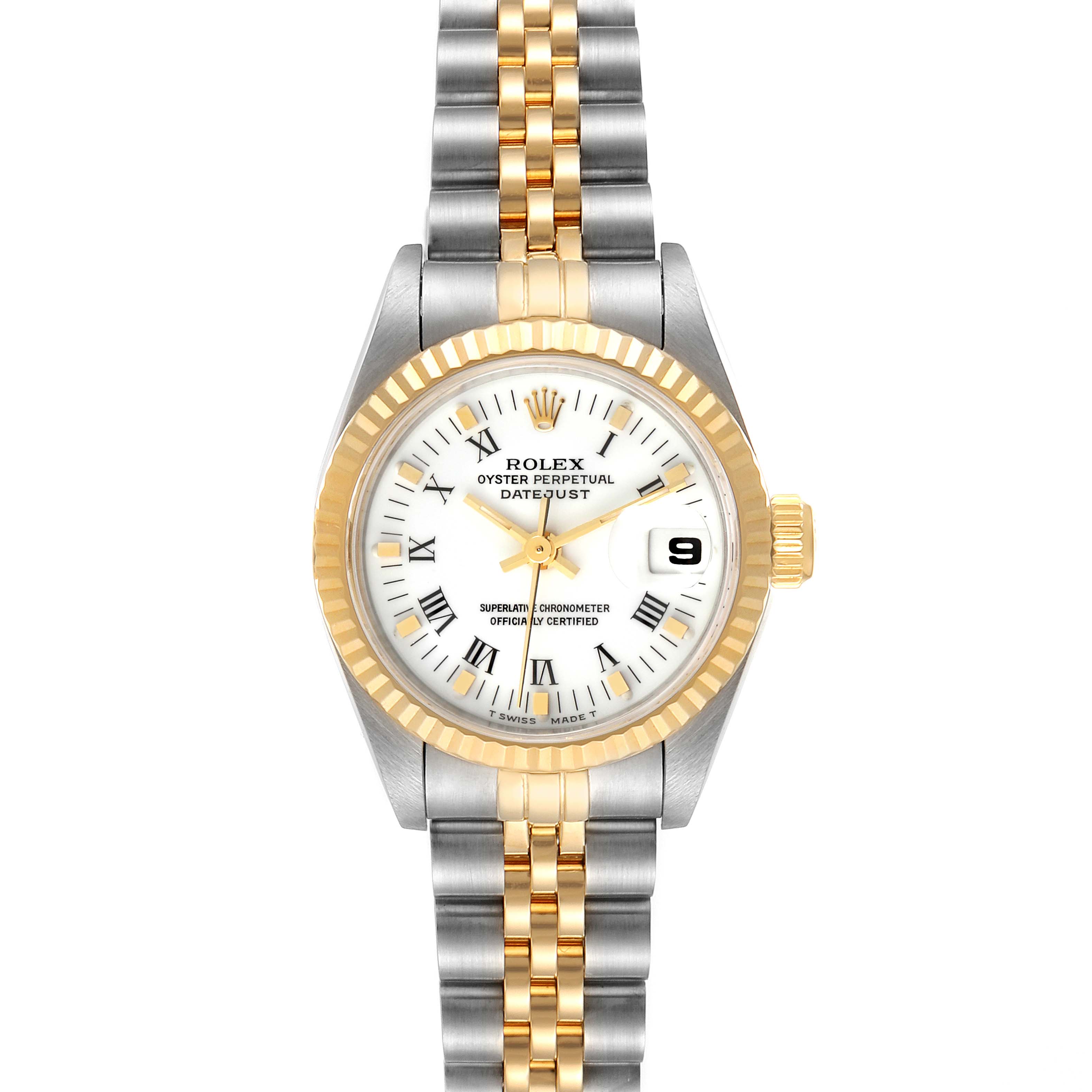 This image shows a front view of a Rolex Datejust 69173 Women's Steel and Gold (two tone) White Dial 69173 Women's Steel and Gold (two tone) White Dial watch, featuring a two-tone bracelet, white dial, and fluted bezel.