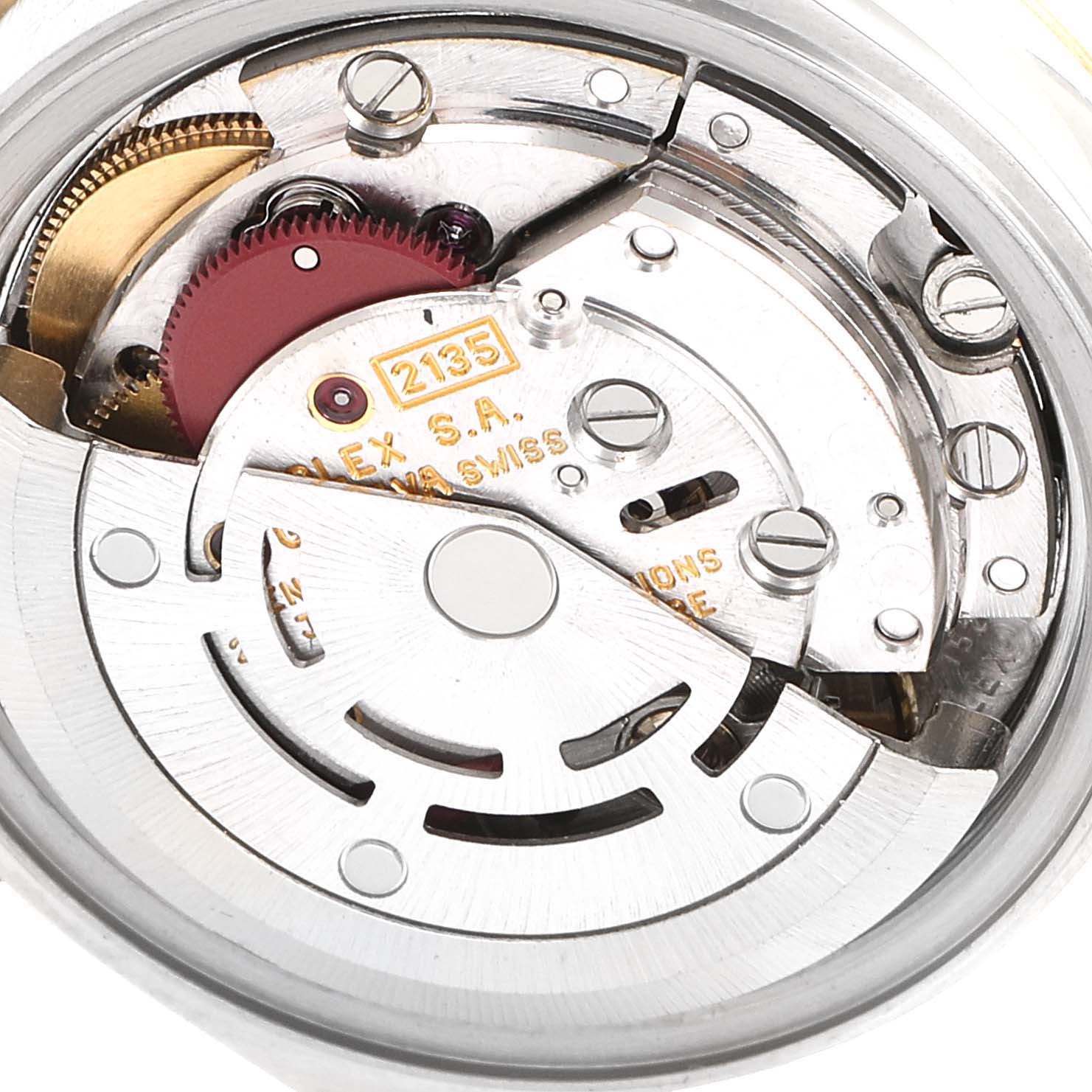 The image shows a close-up view of the mechanical movement inside a Rolex Datejust 69173 Women's Steel and Gold (two tone) White Dial 69173 Women's Steel and Gold (two tone) White Dial watch.