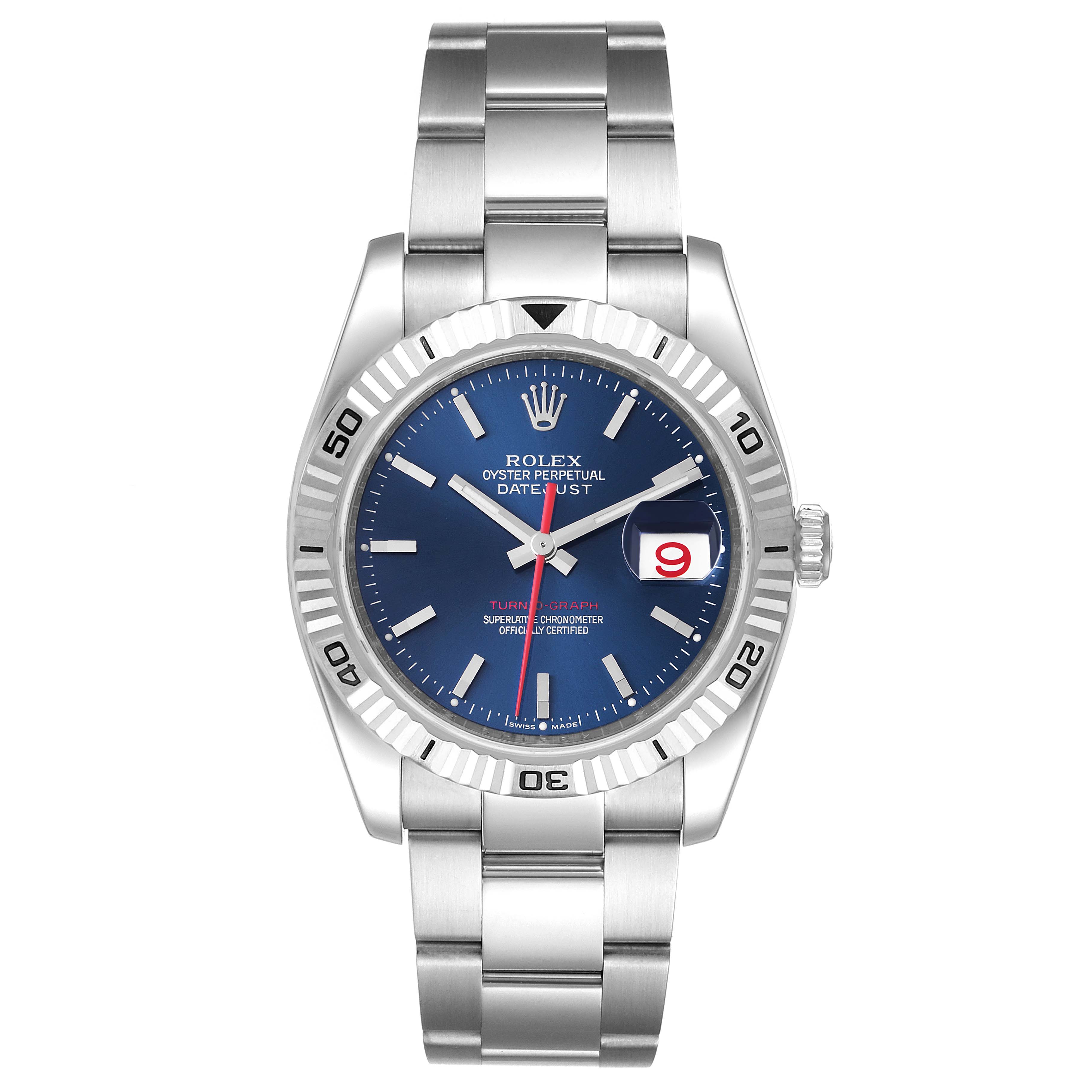 This image shows a front view of a Rolex Turn-o-Graph 116264 Men
s Stainless Steel Blue Dial 116264 Men
s Stainless Steel Blue Dial watch, featuring its blue dial and stainless steel bracelet.