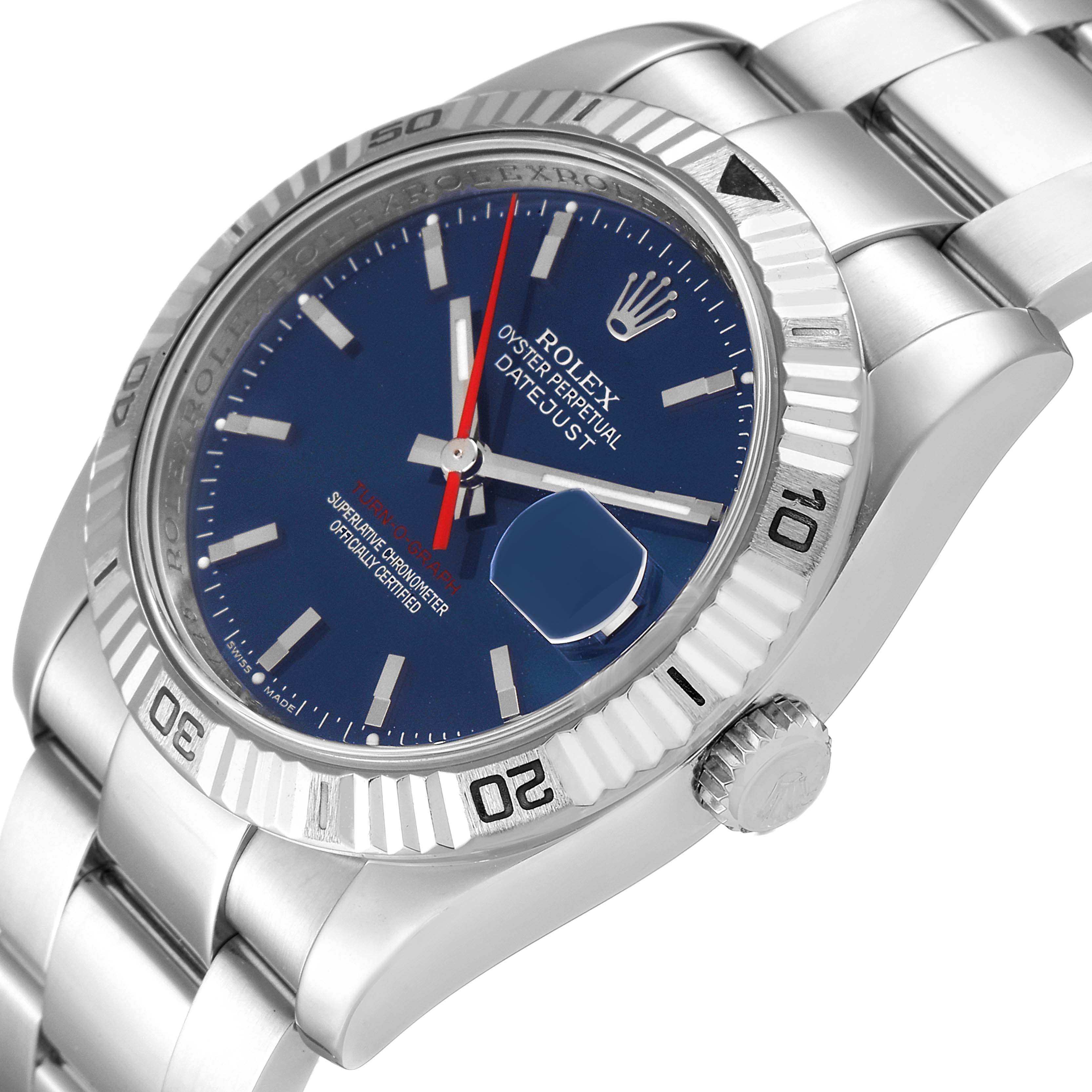 This image shows the Rolex Turn-o-Graph 116264 Men
s Stainless Steel Blue Dial 116264 Men
s Stainless Steel Blue Dial watch from an angled side view, highlighting the bezel, crown, and bracelet.