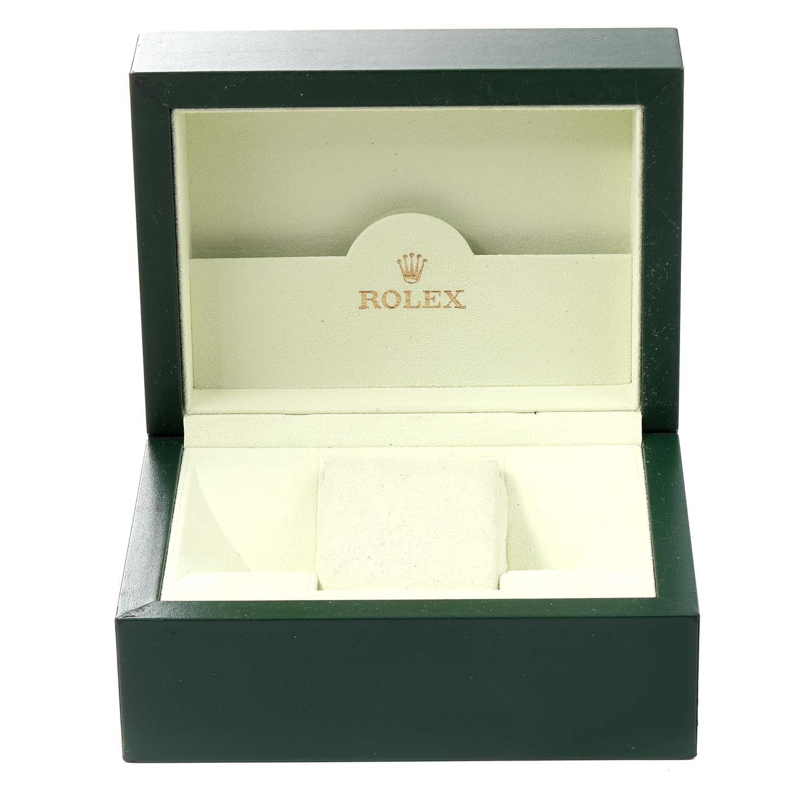 This is an open Rolex Turn-o-Graph 116264 Men
s Stainless Steel Blue Dial 116264 Men
s Stainless Steel Blue Dial watch box, showing the cushion and inside branding.