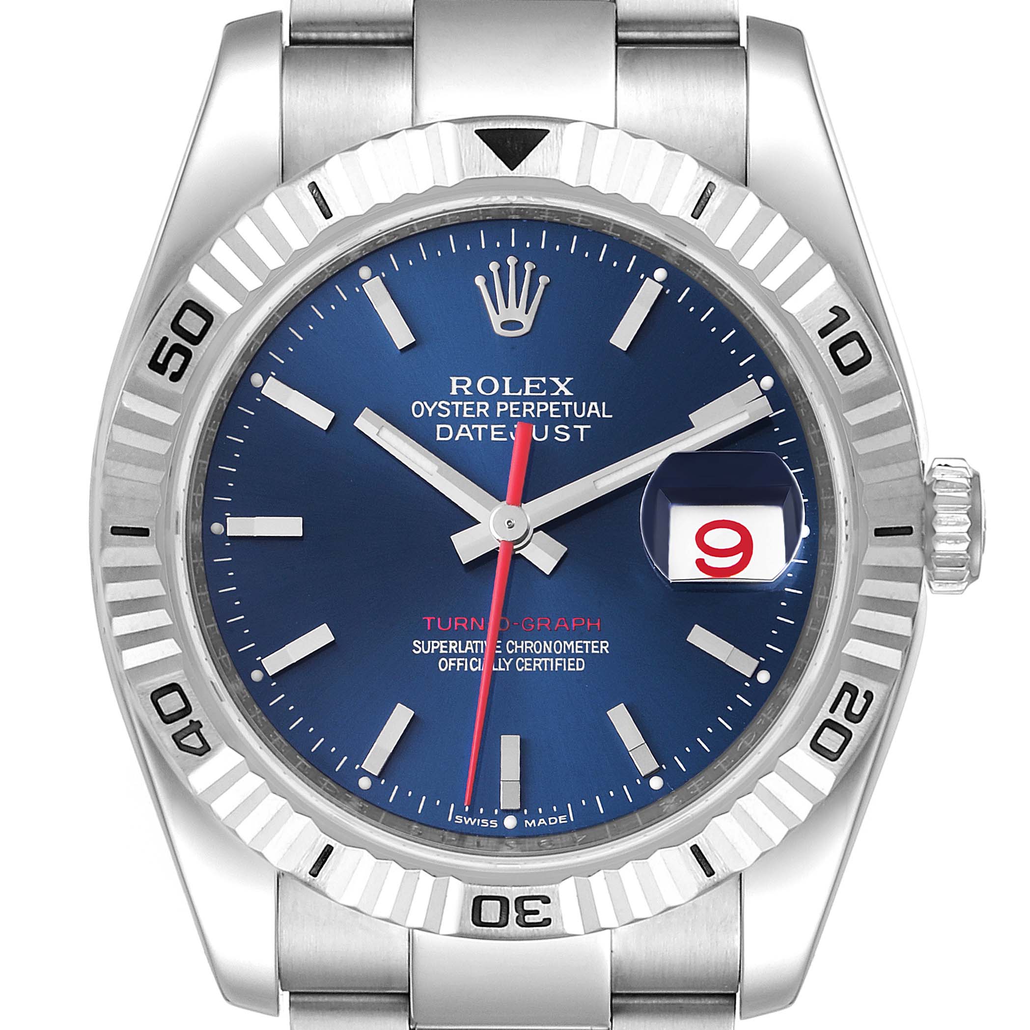 This close-up image shows the face and bezel of the Rolex Turn-o-Graph 116264 Men
s Stainless Steel Blue Dial 116264 Men
s Stainless Steel Blue Dial watch, highlighting the dial, hands, and date window.