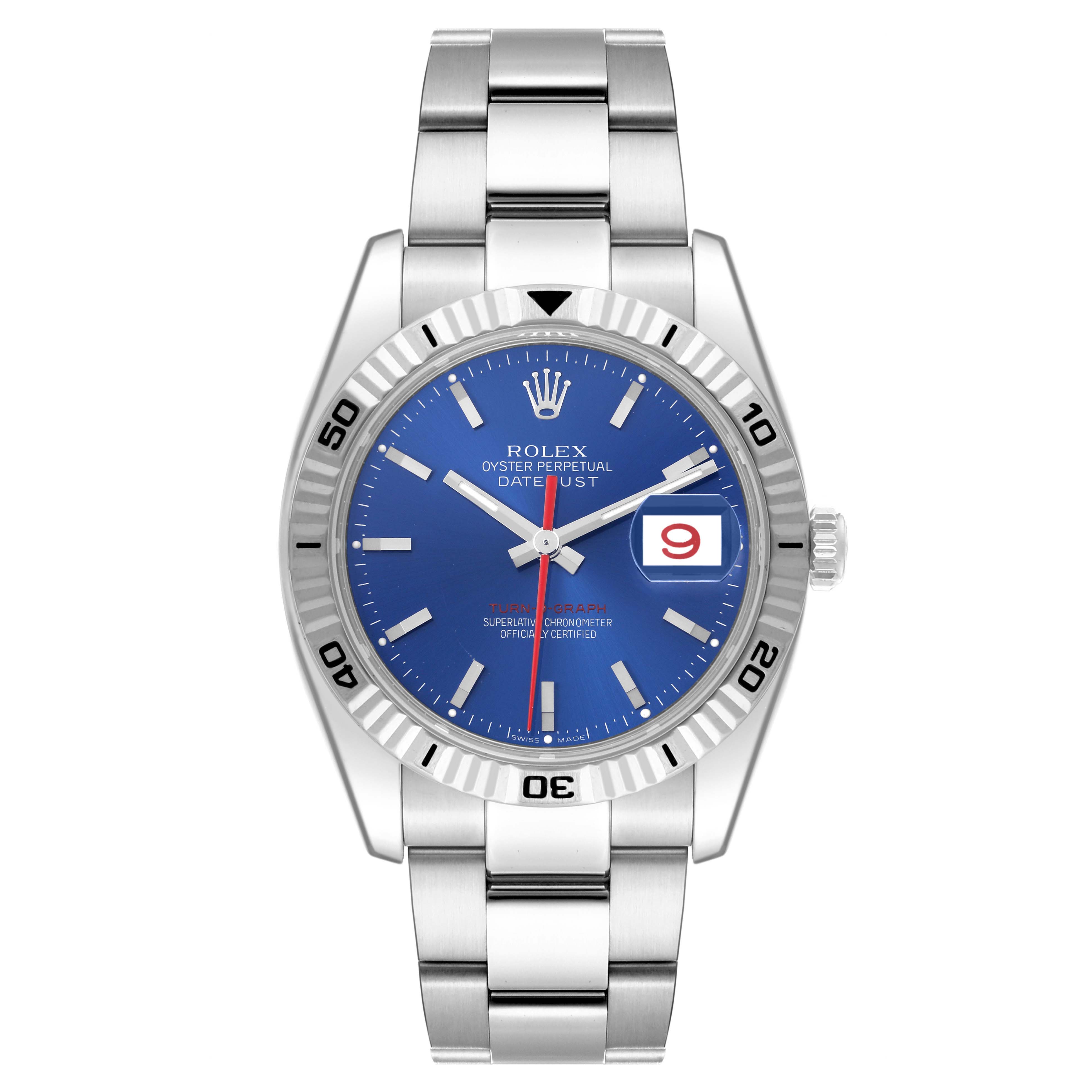 The Rolex Datejust 116264 Men's Stainless Steel Blue Dial 116264 Men's Stainless Steel Blue Dial watch is shown from a front view, displaying the dial, bezel, bracelet, and crown.