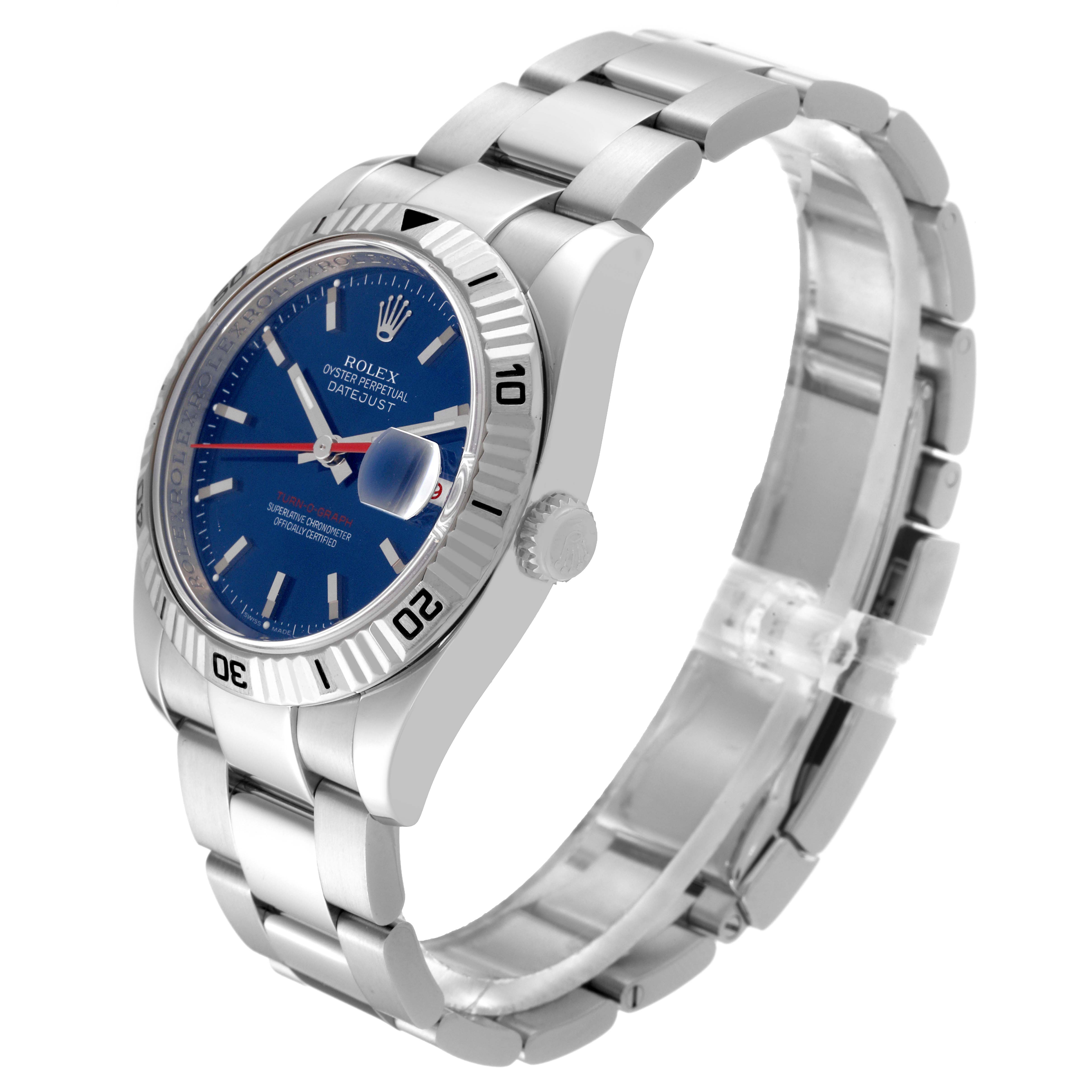 The image shows a side angle of a Rolex Datejust 116264 Men's Stainless Steel Blue Dial 116264 Men's Stainless Steel Blue Dial, highlighting the bezel, dial, crown, and stainless steel bracelet.