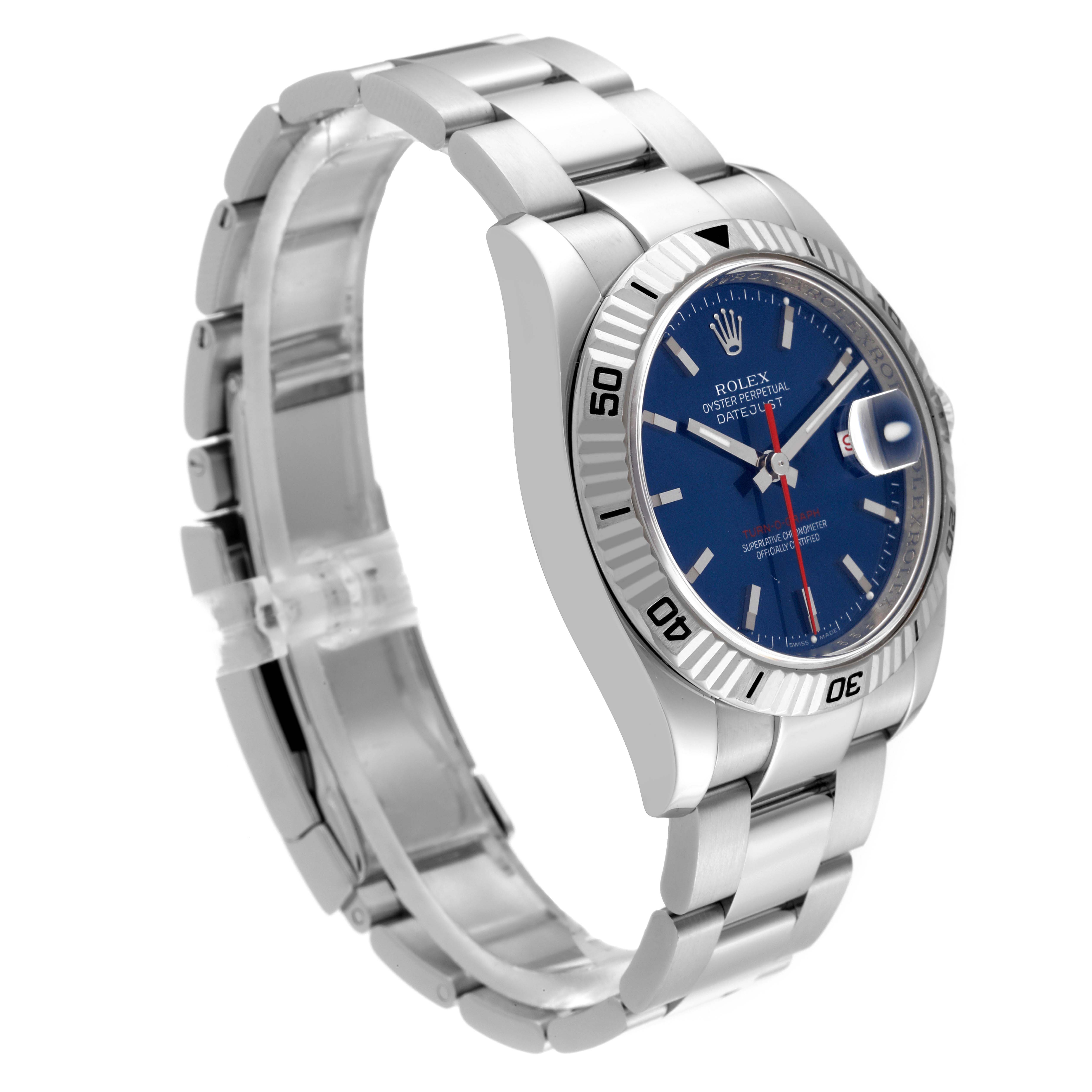 The Rolex Datejust 116264 Men's Stainless Steel Blue Dial 116264 Men's Stainless Steel Blue Dial watch is shown at an angled side view, highlighting the dial, bezel, and stainless steel bracelet.