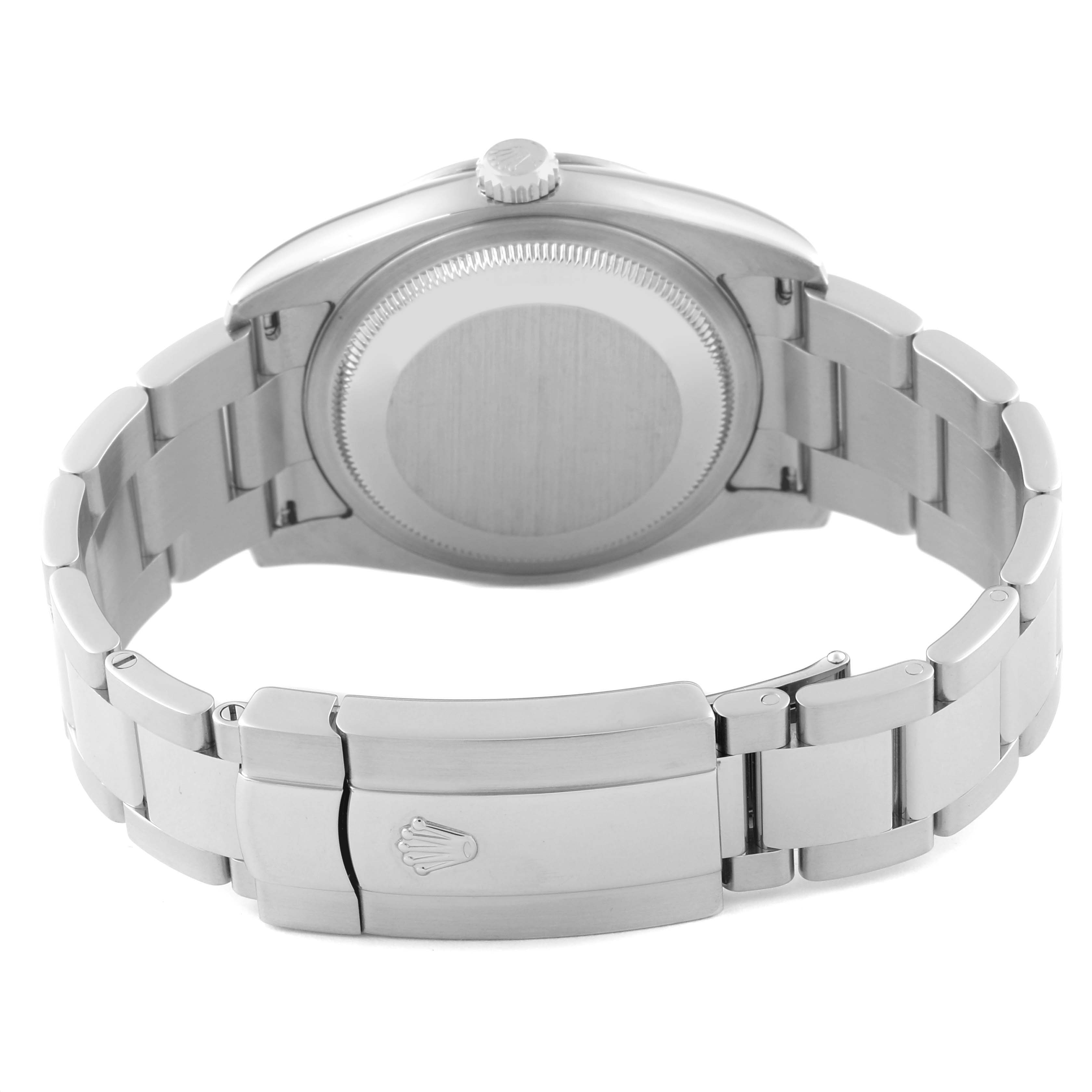 The image shows the back view of a Rolex Datejust 116264 Men's Stainless Steel Blue Dial 116264 Men's Stainless Steel Blue Dial, highlighting the case back and stainless steel bracelet and clasp.