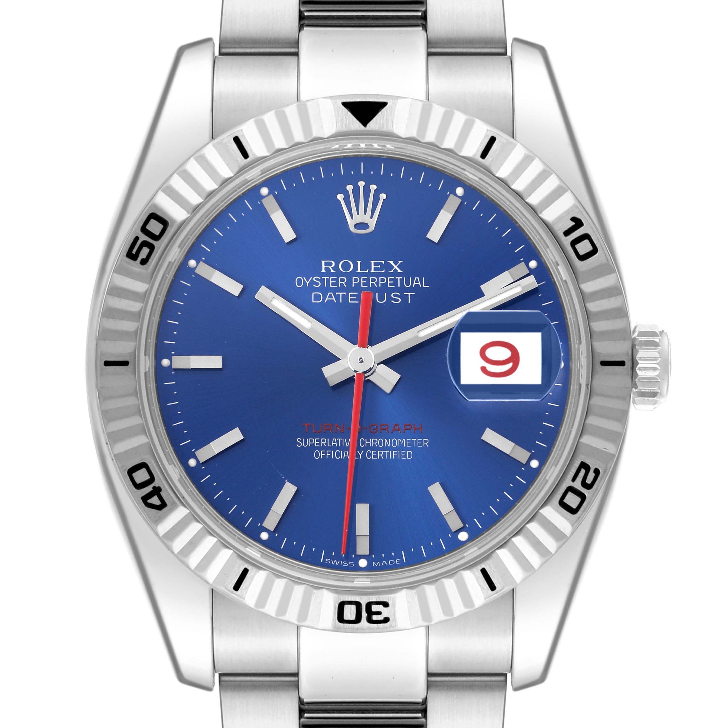 The image shows a front view of the Rolex Datejust 116264 Men's Stainless Steel Blue Dial 116264 Men's Stainless Steel Blue Dial, highlighting its blue dial and fluted bezel.
