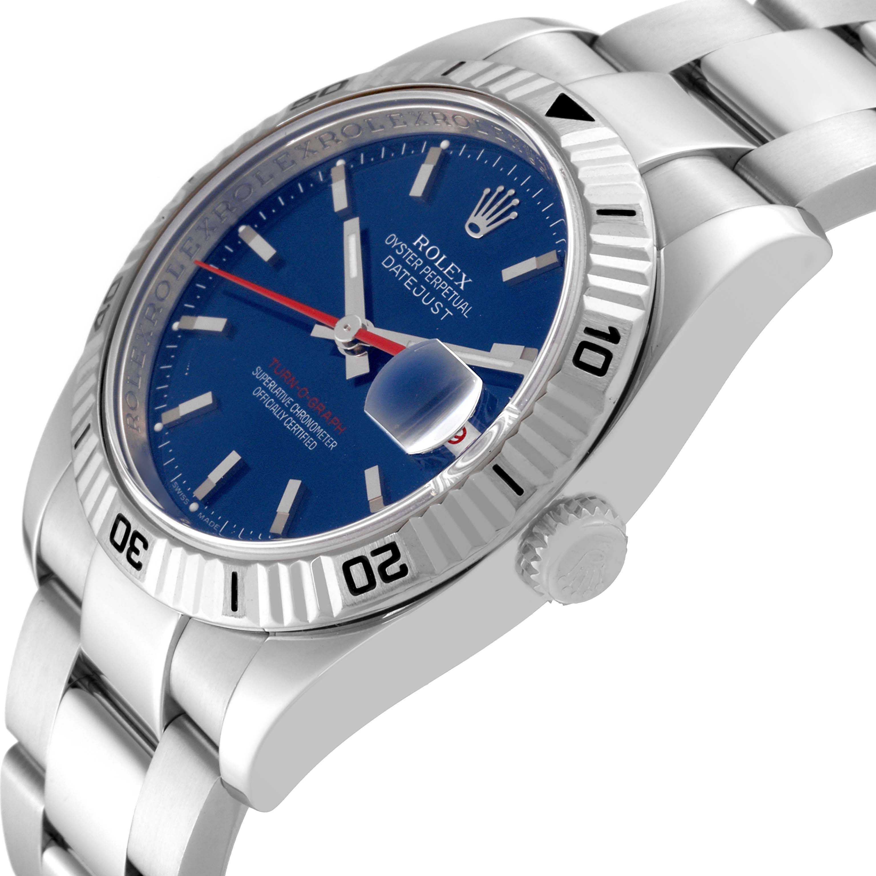 The Rolex Datejust 116264 Men's Stainless Steel Blue Dial 116264 Men's Stainless Steel Blue Dial is shown at an angle highlighting the dial, bezel, and crown, with a partial view of the bracelet.