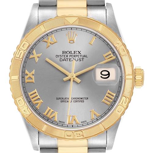 The Rolex Turn-o-Graph 16263 Men's Steel and Gold (two tone) Silver Dial watch is shown from a front angle, highlighting its bezel, dial, hands, and date window.