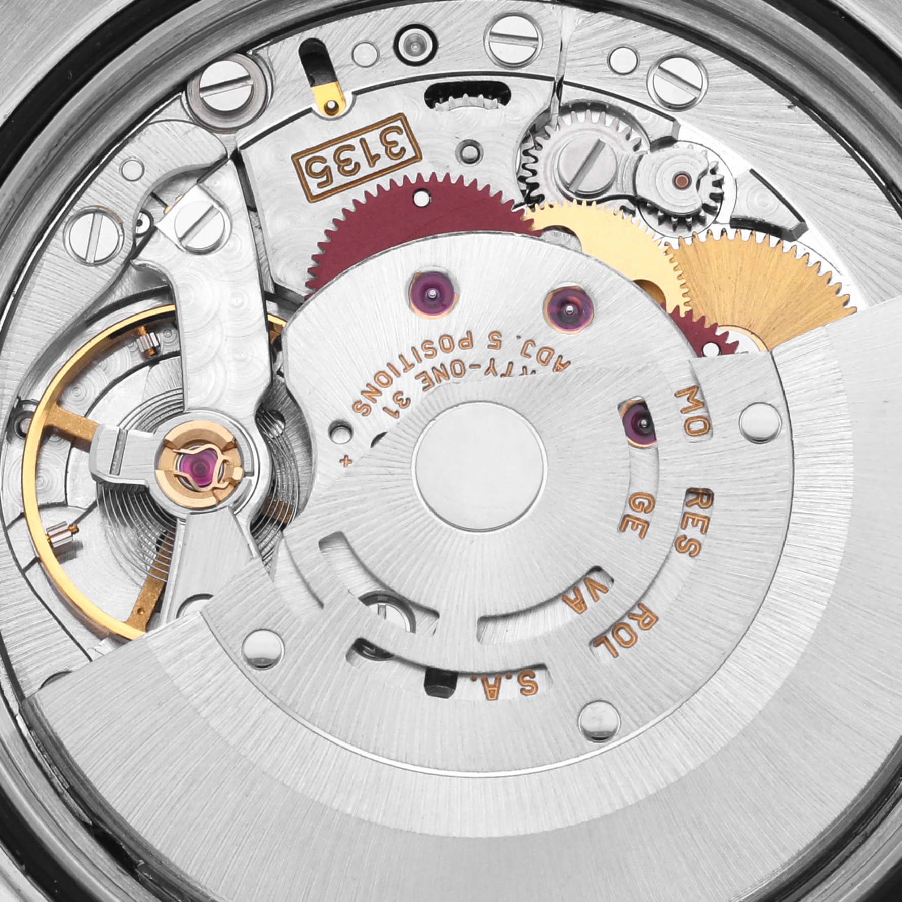 The image shows the intricate movement and internal mechanisms of a Rolex Datejust 16233 Men's Steel and Gold (two tone) White Dial 16233 Men's Steel and Gold (two tone) White Dial watch from a close-up angle.