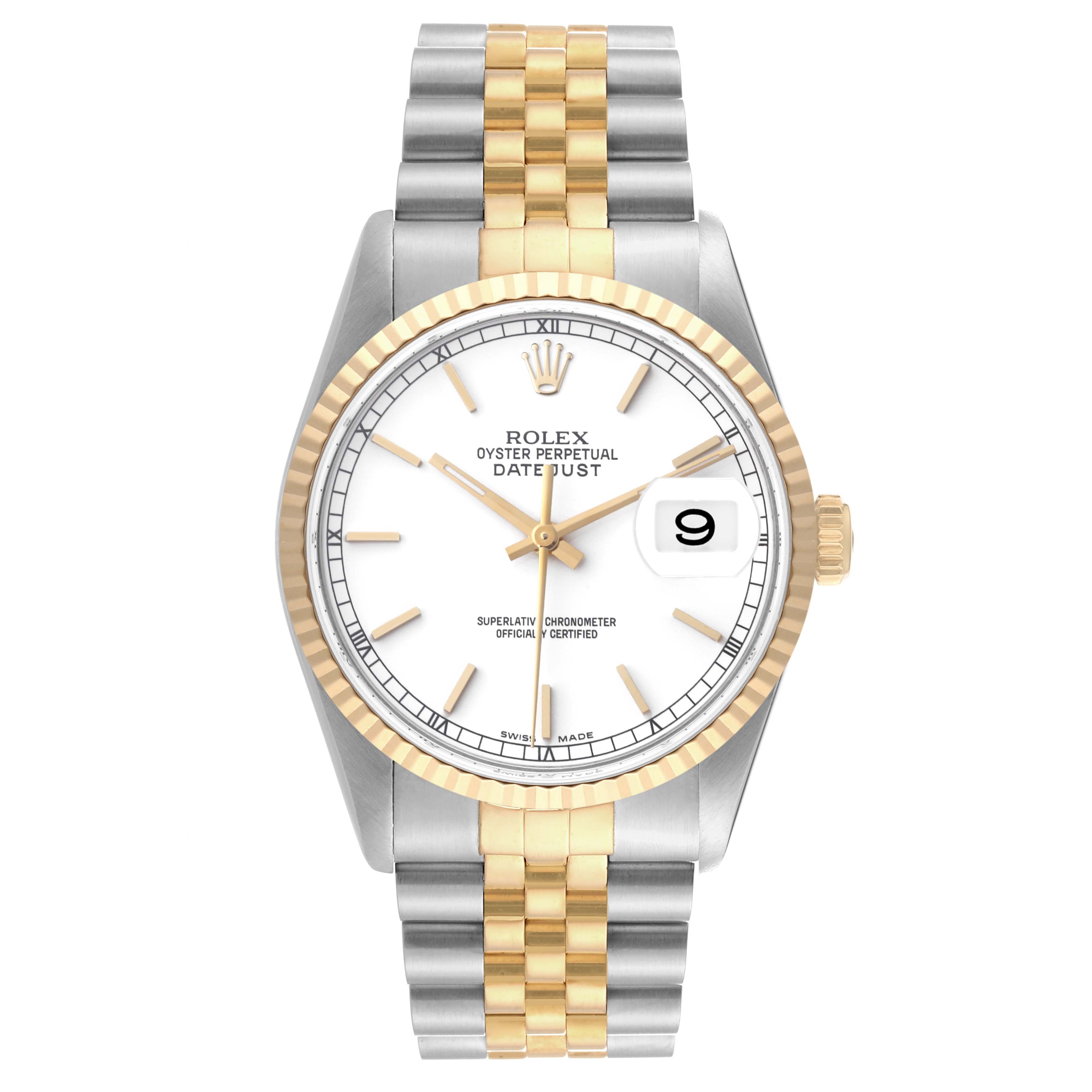 The Rolex Datejust 16233 Men's Steel and Gold (two tone) White Dial 16233 Men's Steel and Gold (two tone) White Dial is shown from the front, displaying the dial, bezel, and Jubilee bracelet.