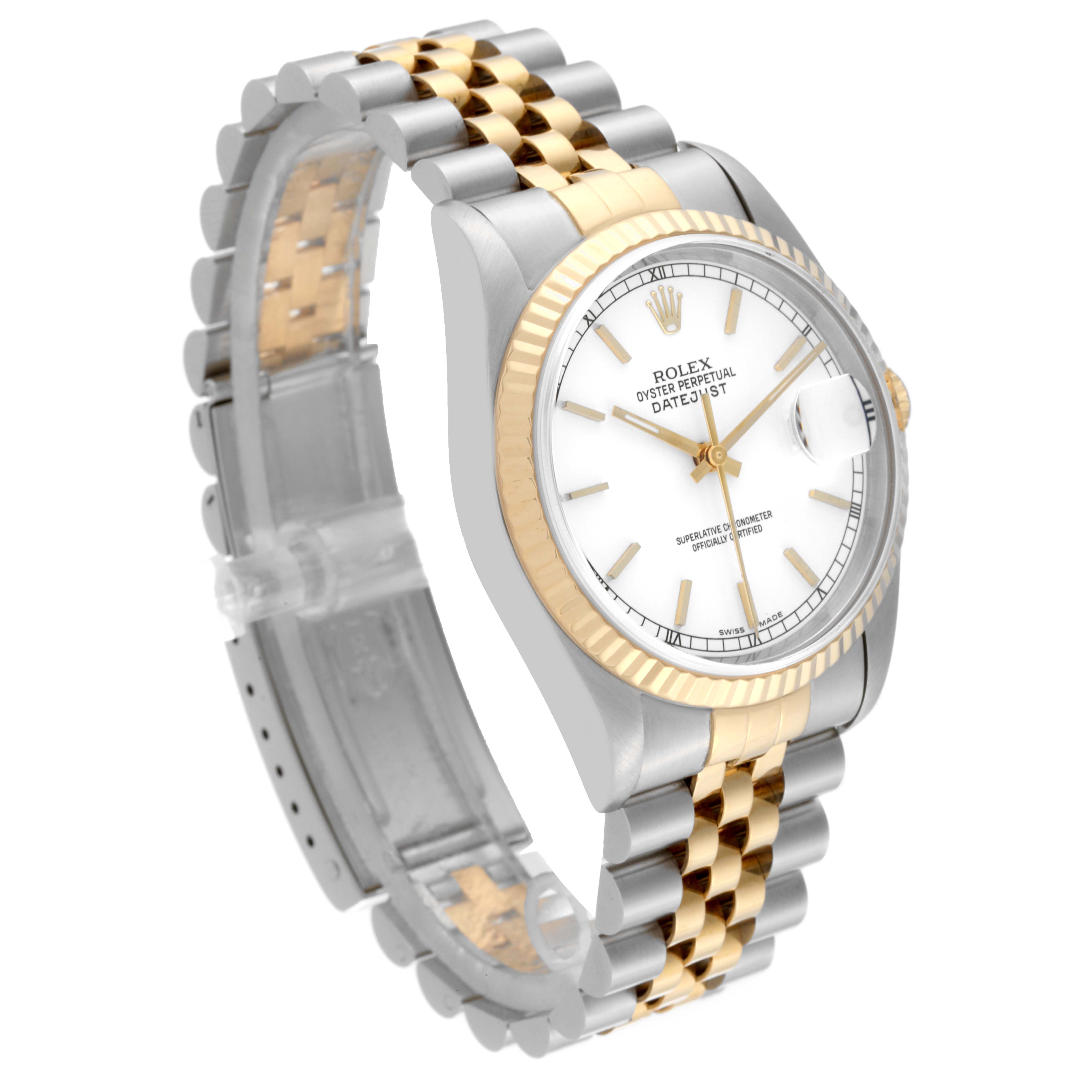 The Rolex Datejust 16233 Men's Steel and Gold (two tone) White Dial 16233 Men's Steel and Gold (two tone) White Dial watch is shown at a three-quarter angle, displaying the face, bezel, and Jubilee bracelet.