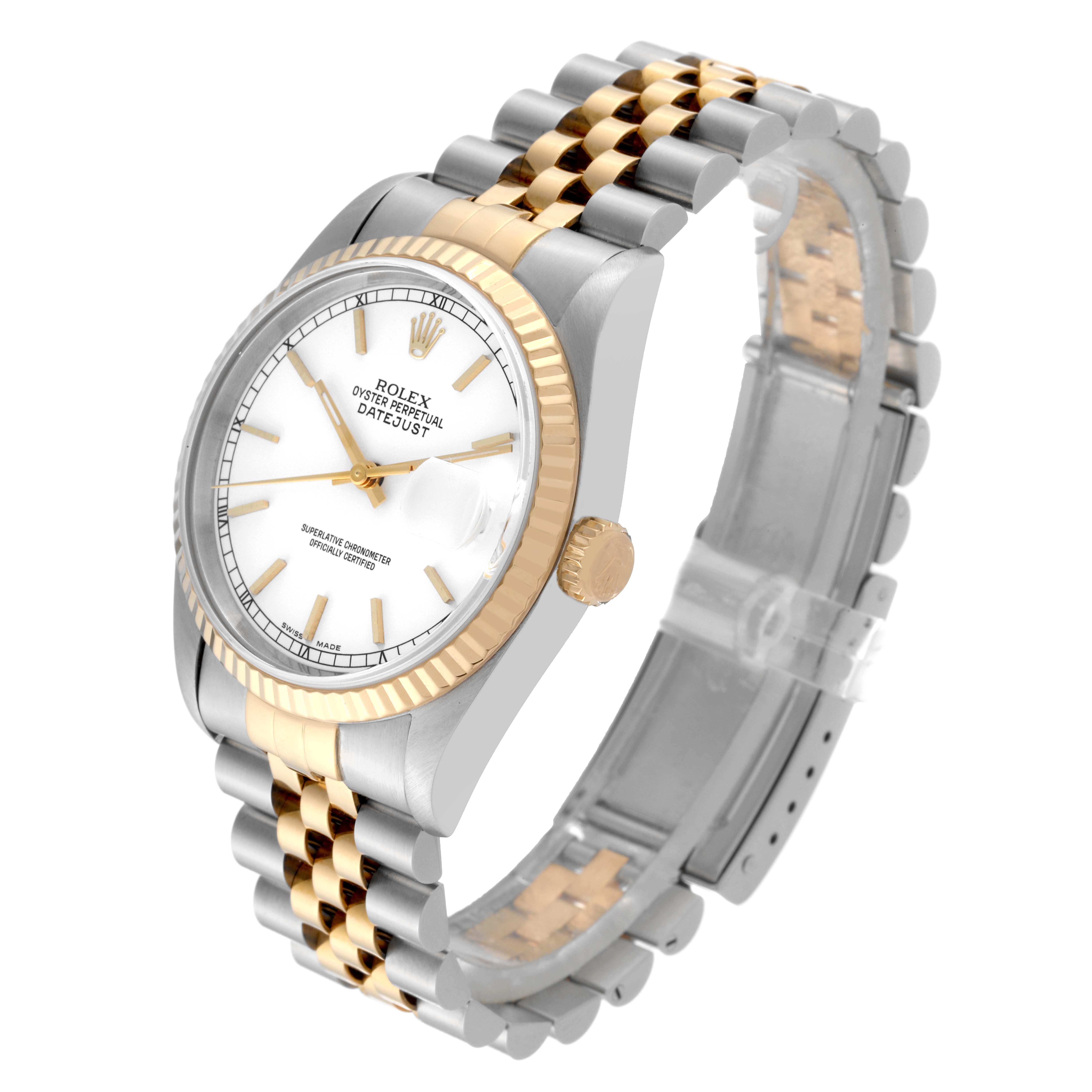 The Rolex Datejust 16233 Men's Steel and Gold (two tone) White Dial 16233 Men's Steel and Gold (two tone) White Dial watch is shown at an angle, highlighting the face, bezel, crown, and two-tone bracelet.