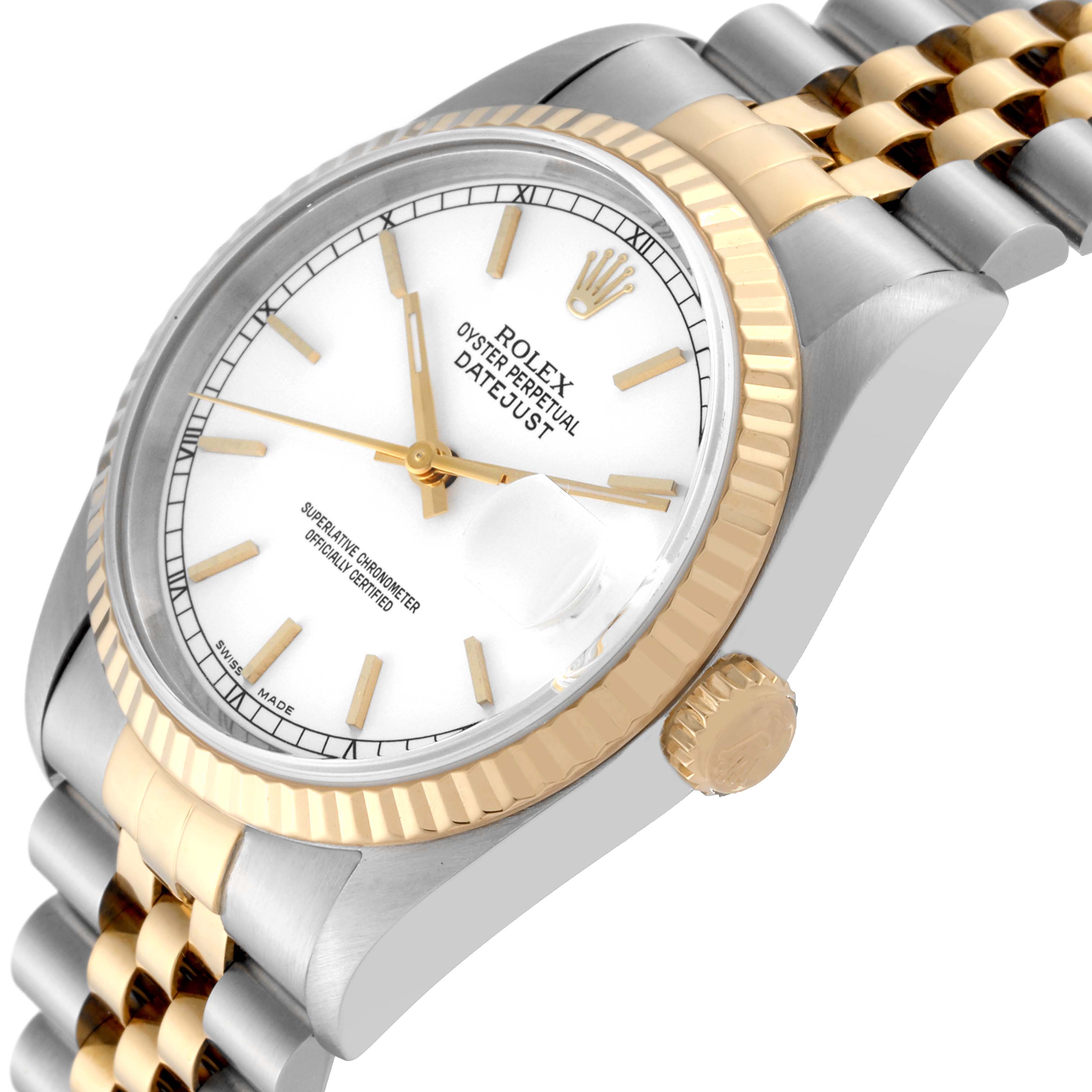The Rolex Datejust 16233 Men's Steel and Gold (two tone) White Dial 16233 Men's Steel and Gold (two tone) White Dial watch is shown at a slightly angled close-up view, highlighting the face, bezel, and part of the bracelet.
