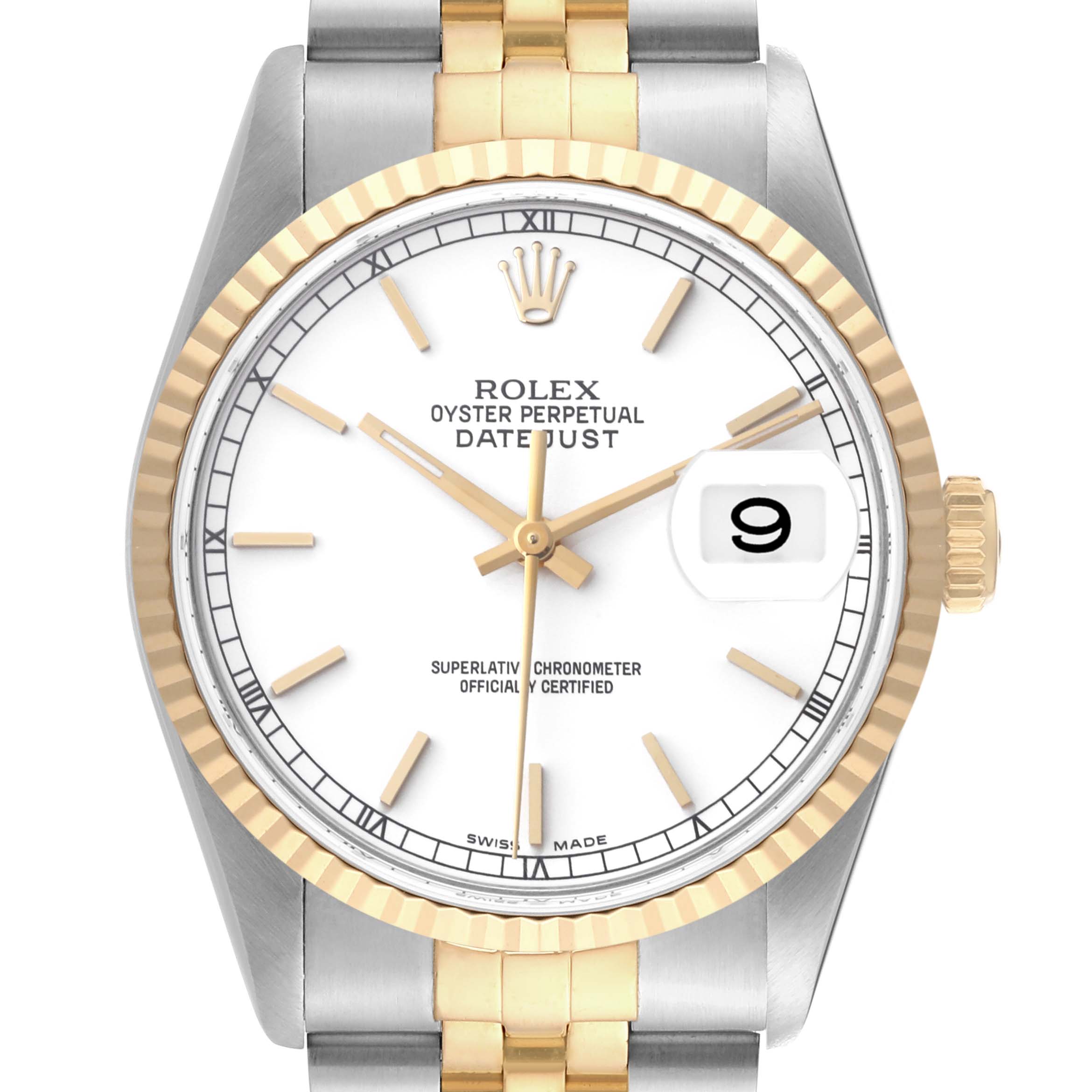 The Rolex Datejust 16233 Men's Steel and Gold (two tone) White Dial 16233 Men's Steel and Gold (two tone) White Dial watch is shown from the front, showcasing the dial, bezel, and part of the bracelet.