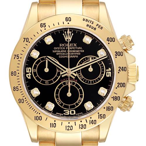 The Rolex Daytona 116528 Men's Yellow Gold Black Dial watch is shown from a front angle, highlighting the dial, bezel, crown, and sub-dials.