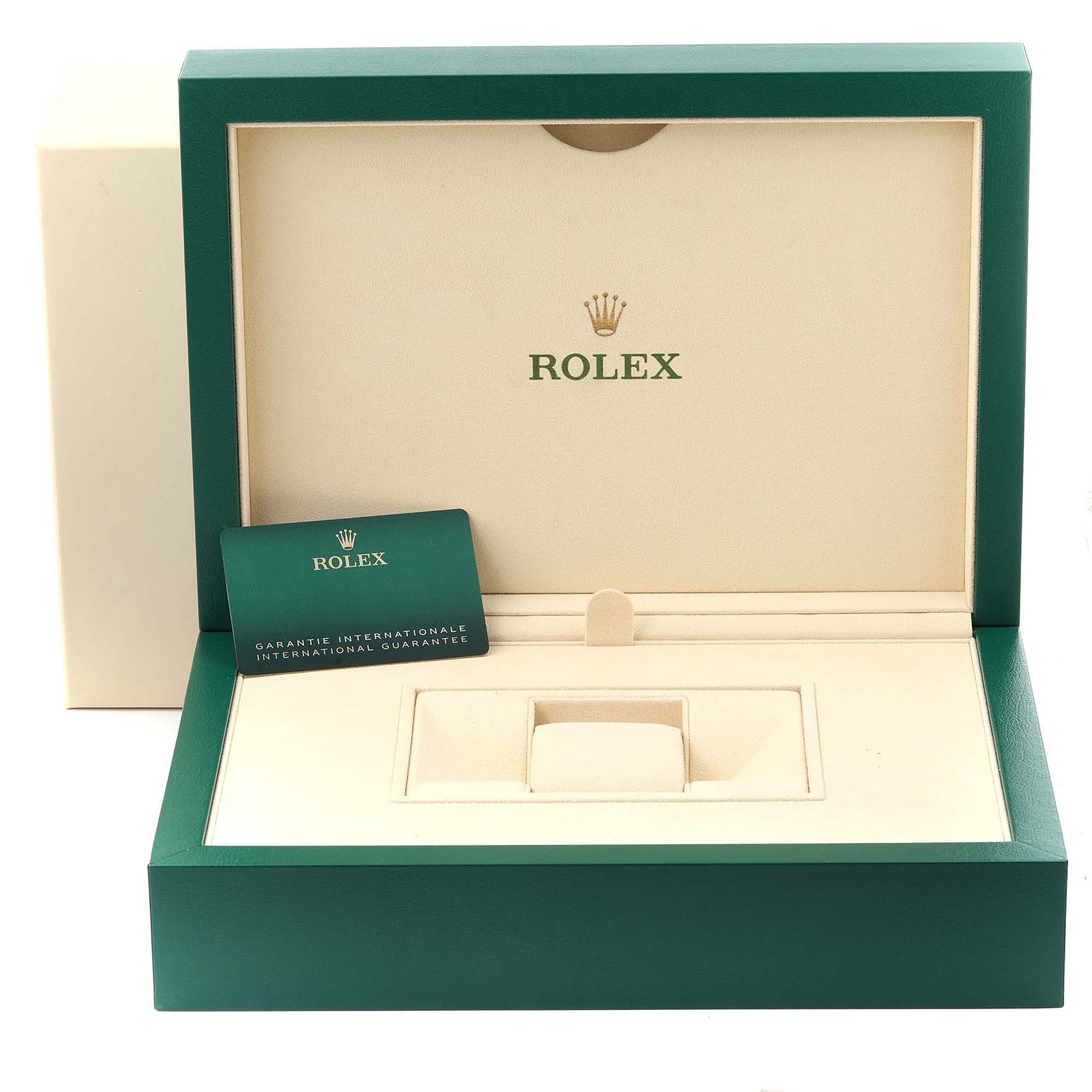 The image shows an open Rolex Daytona 116506 Men's Platinum Blue Dial 116506 Men's Platinum Blue Dial watch box with an international guarantee card inside.