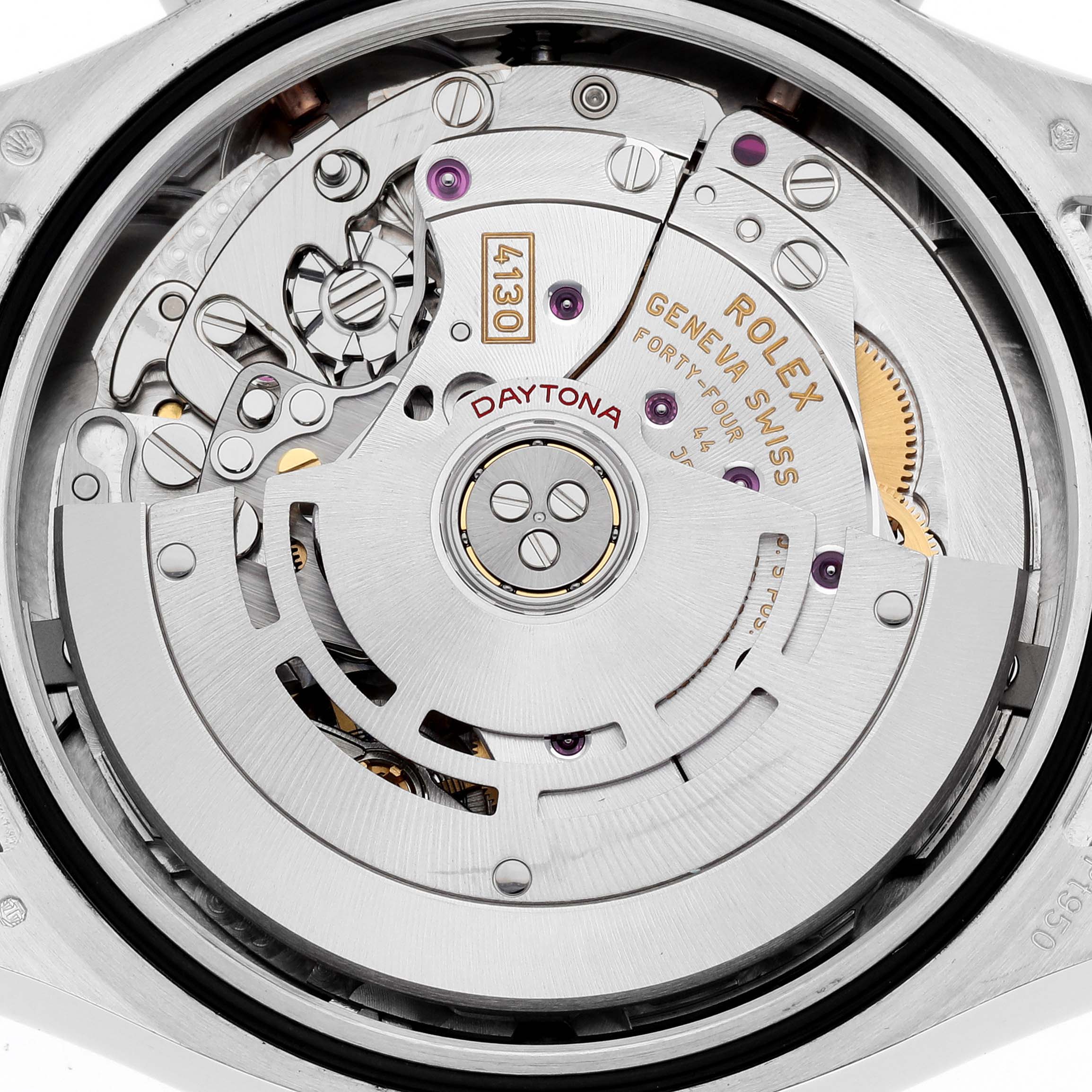 The image shows the back view of a Rolex Daytona 116506 Men's Platinum Blue Dial 116506 Men's Platinum Blue Dial showcasing its intricate automatic movement.